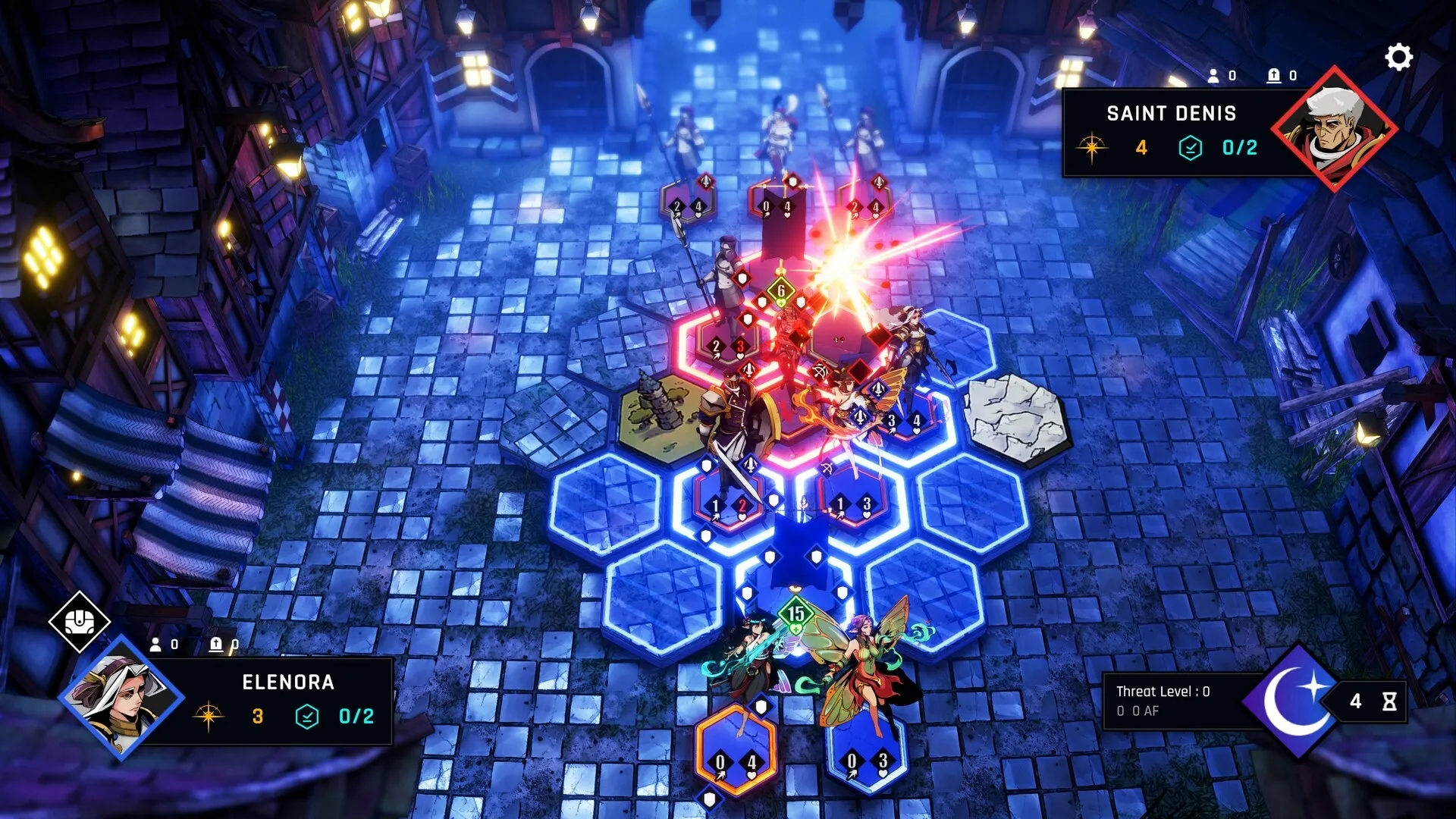 Conquest Tactics: Hex-based battle with characters Eleonora and Saint Denis in a cobblestone alleyway