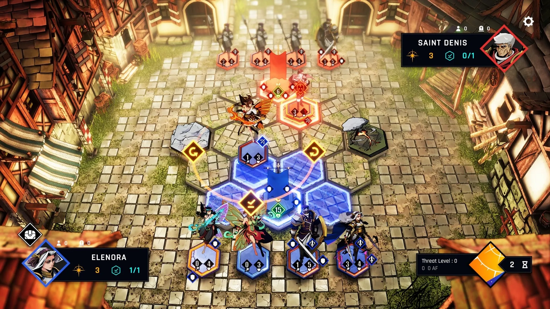Conquest Tactics: Hex-based battle with heroes and enemies on a cobblestone street in a medieval town