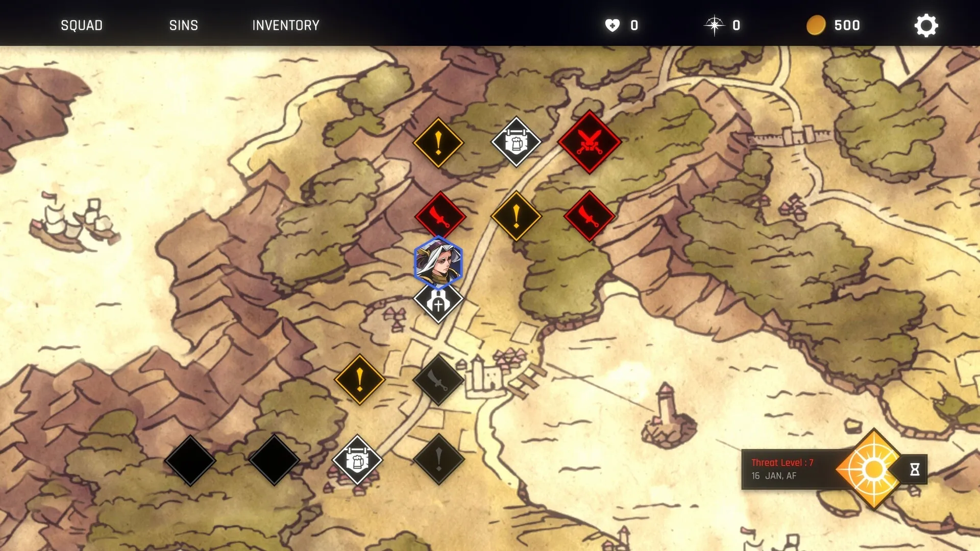 Conquest Tactics: Character on strategic map with icons showing threats and objectives in forest terrain
