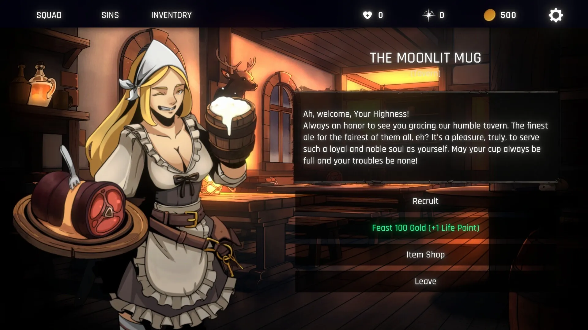 Conquest Tactics: Tavern scene with a smiling barmaid holding ale and ham, menu options displayed.