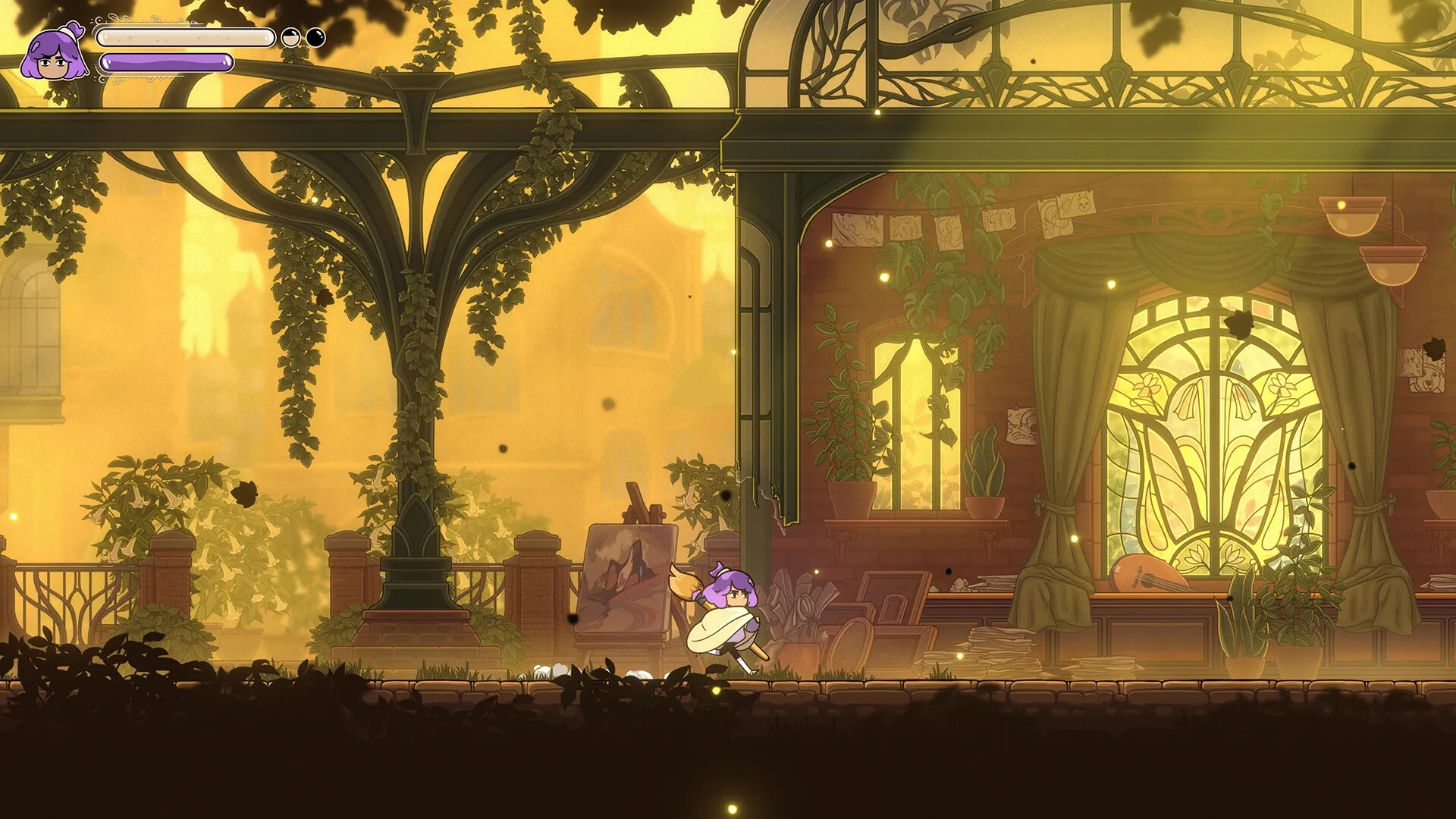Constance: Artist with paintbrush dashes through a sunlit, plant-filled room with stained glass window.