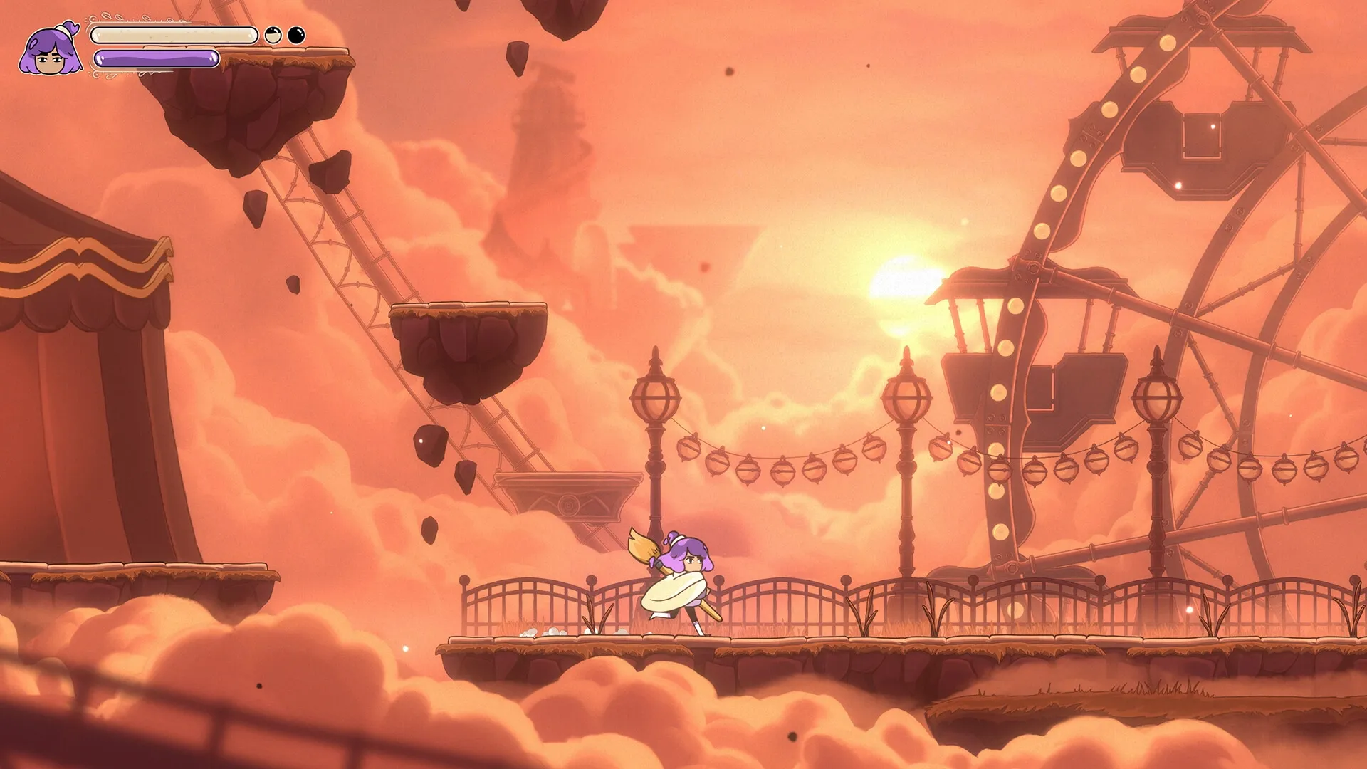 Constance: Artist character with paintbrush explores floating platforms and ferris wheel at sunset
