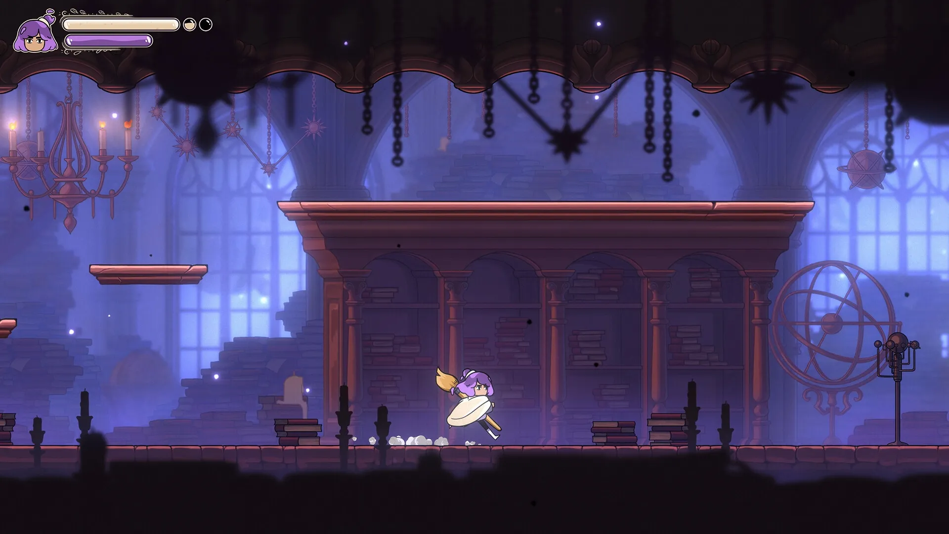 Constance: Running with paintbrush in hand through a dimly lit library filled with books and chandeliers.