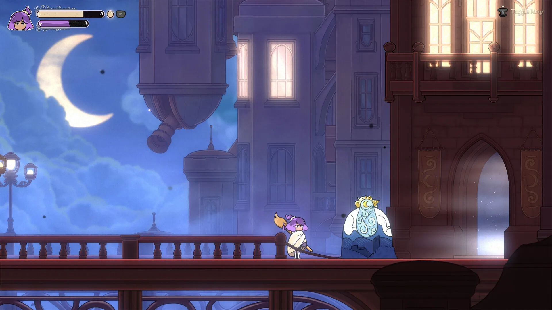 Constance: Artist confronts a mystical creature on a moonlit bridge in a dreamy, architectural cityscape.