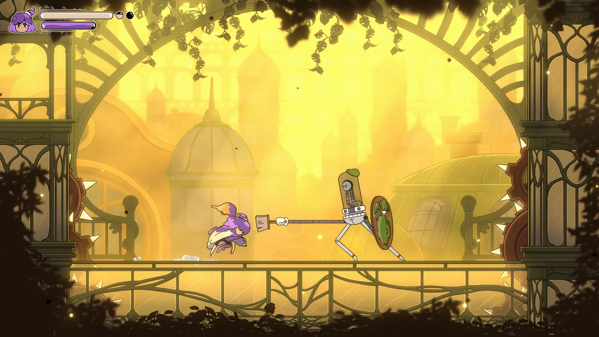 Constance: Character battles robot enemy using paintbrush in a vibrant, domed architectural setting.