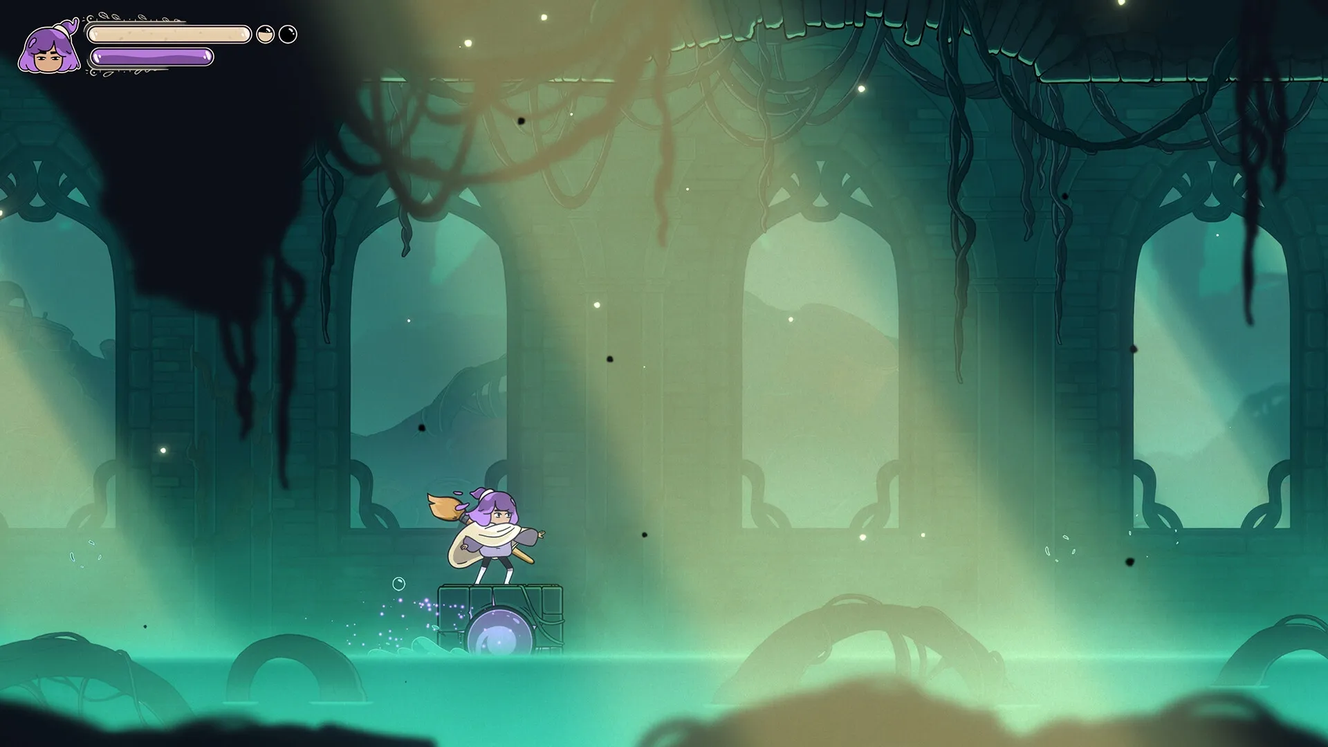 Constance: Artist stands on floating platform in mystical, decaying ruin with soft teal lighting.