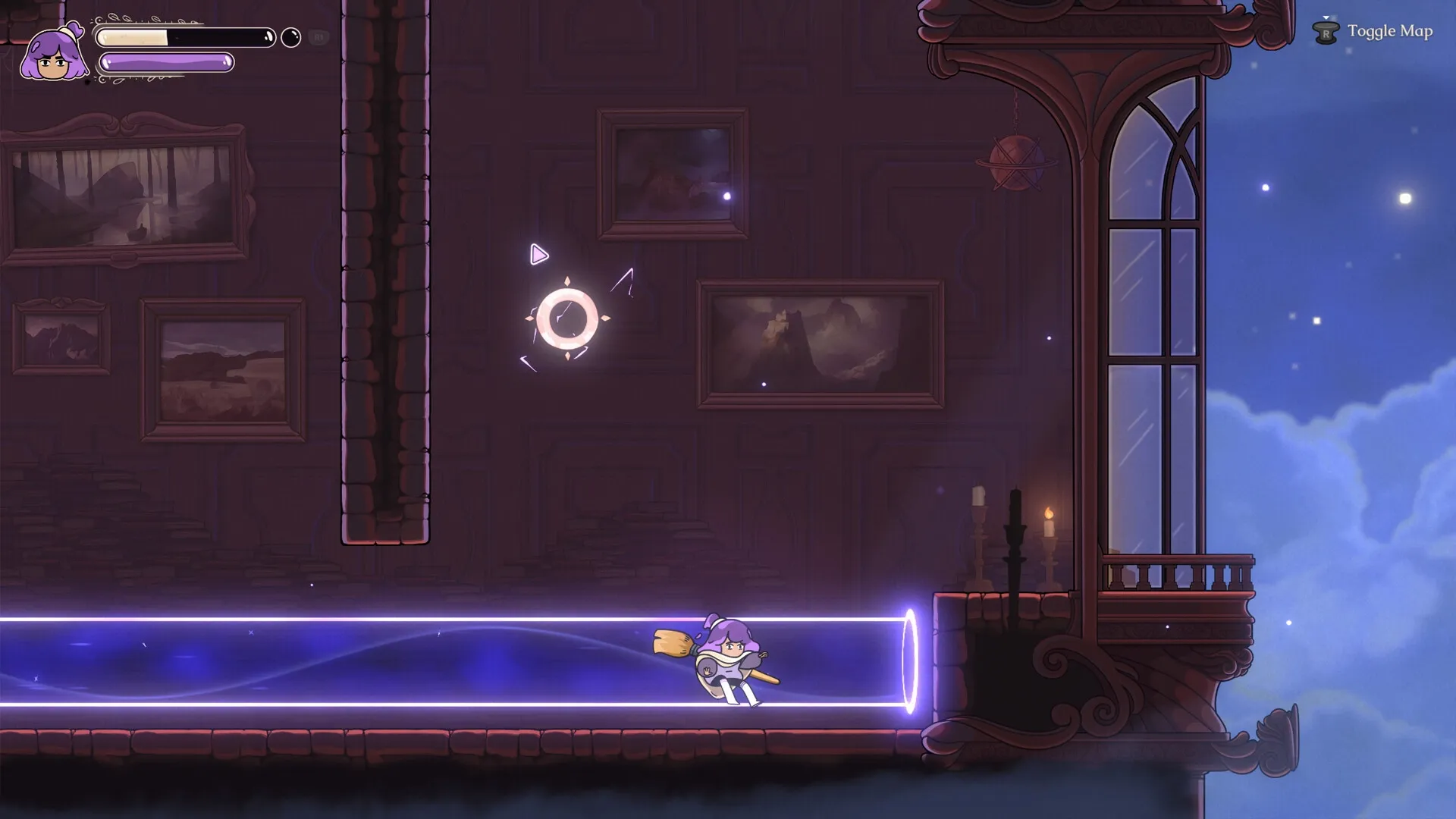 Constance: Artist crouches in glowing tunnel, surrounded by dark paintings and a night sky view
