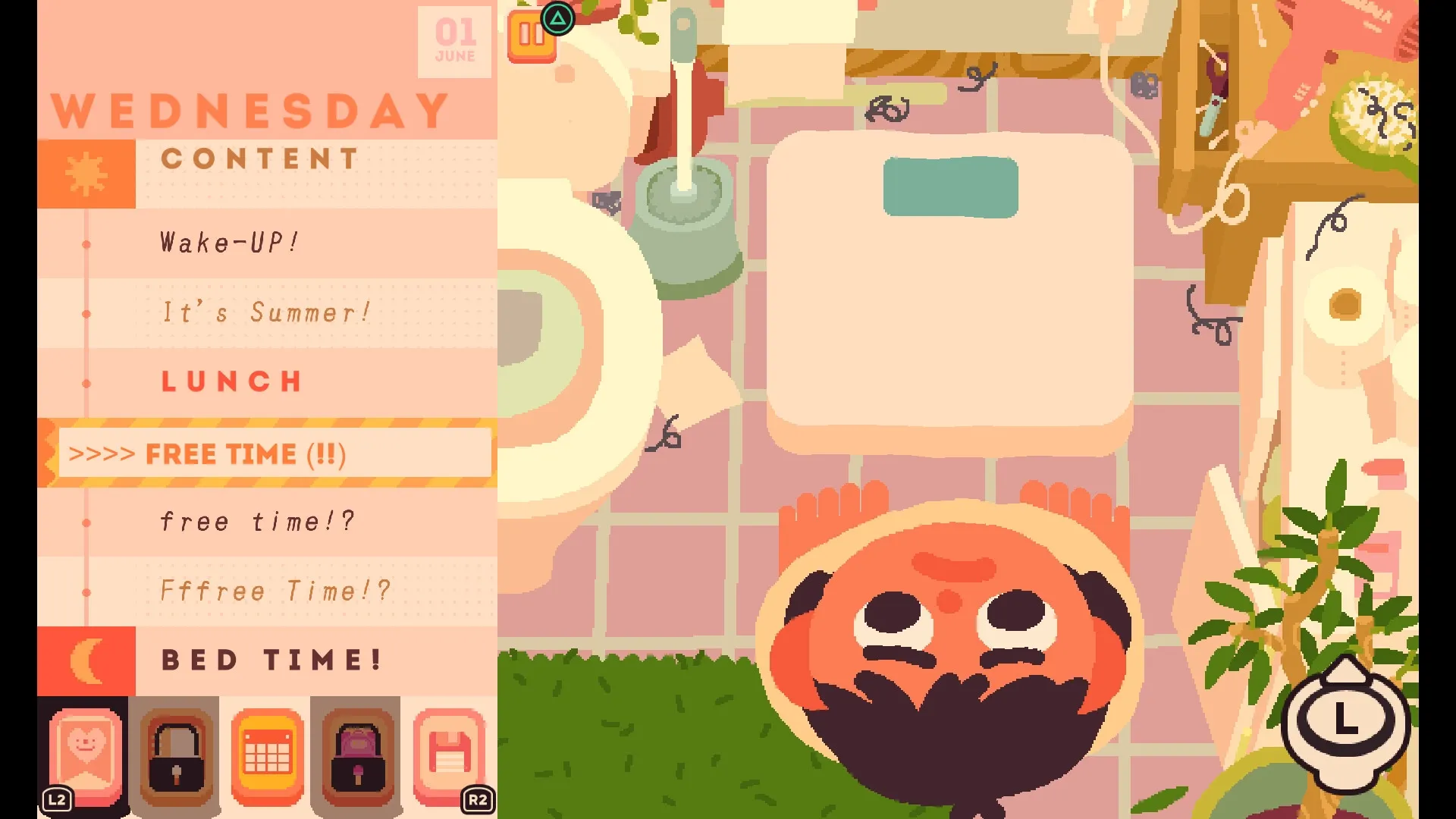 Consume Me: Character on bathroom floor with schedule showing Wednesday's free time activities