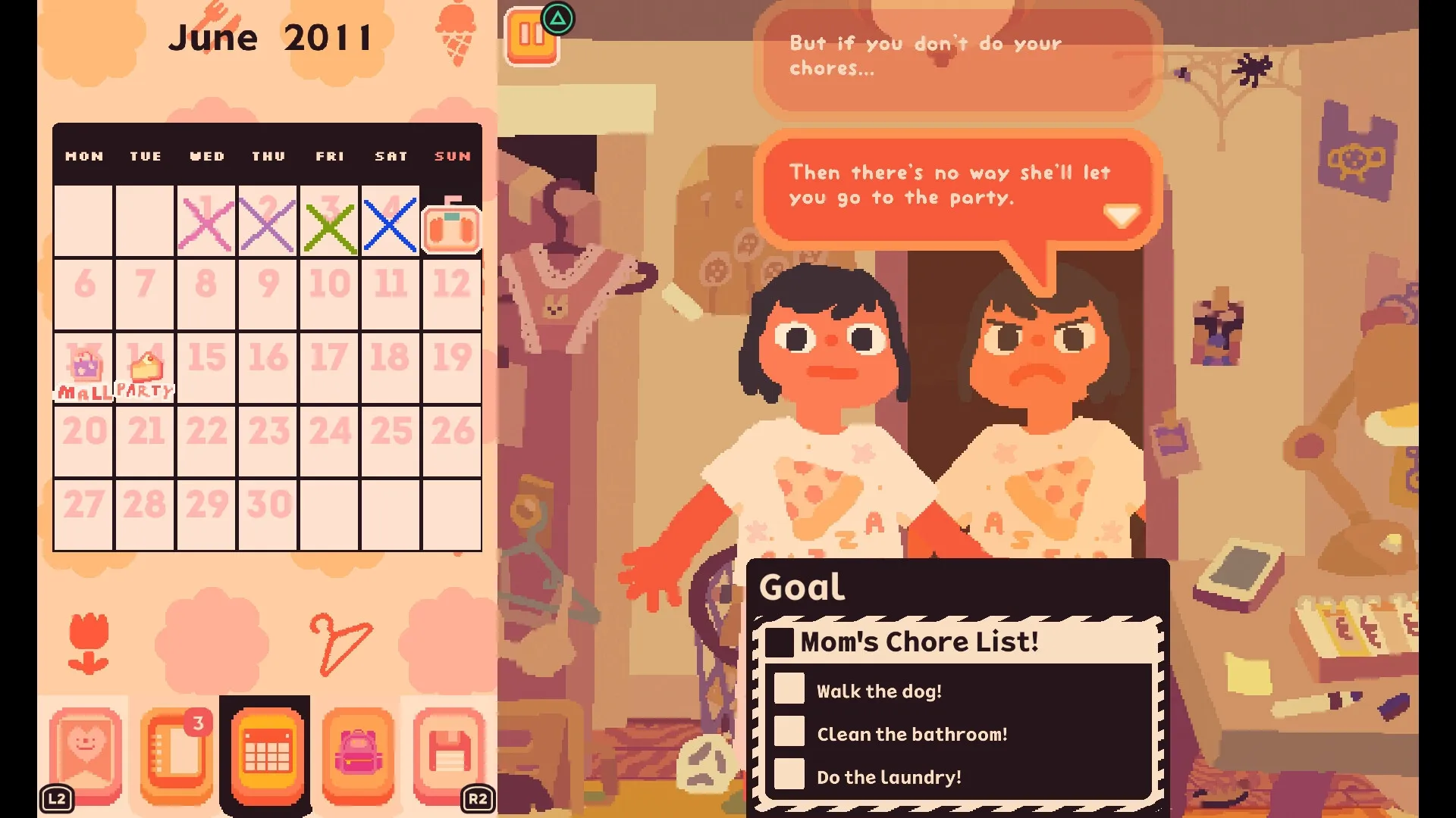 Consume Me: Two characters discuss chores in a cluttered bedroom, calendar and to-do list visible.