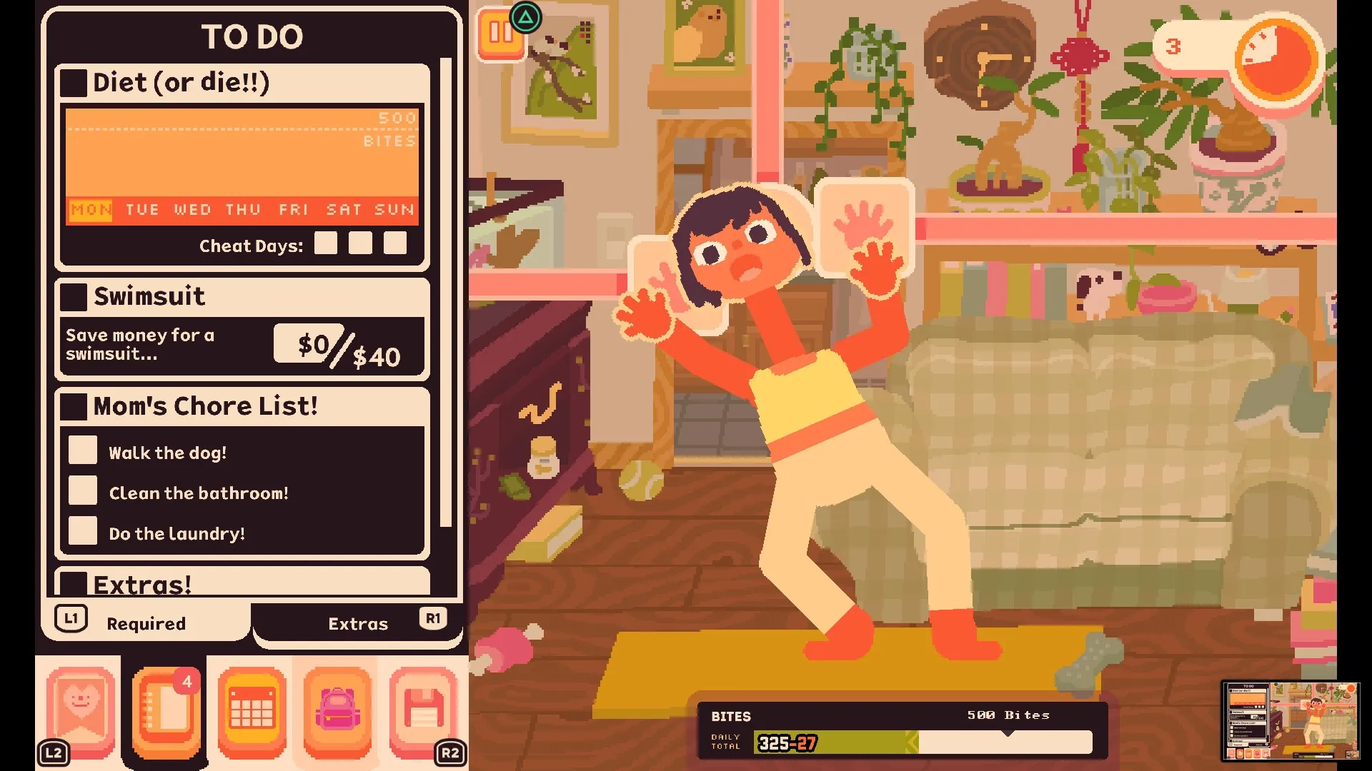 Consume Me: Character exercises in living room with to-do list and chores displayed on UI panel