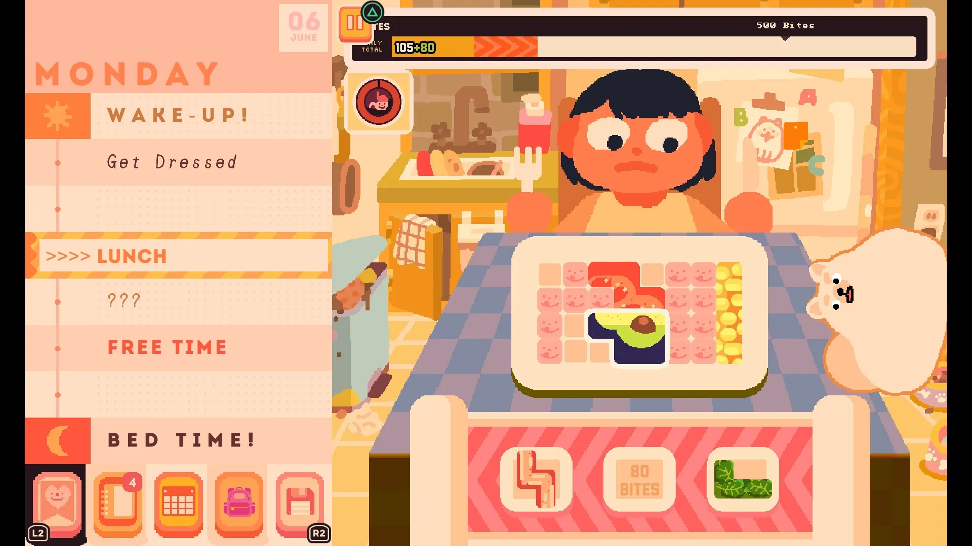 Consume Me: Character eating sushi at table with daily schedule and food stats displayed in kitchen setting