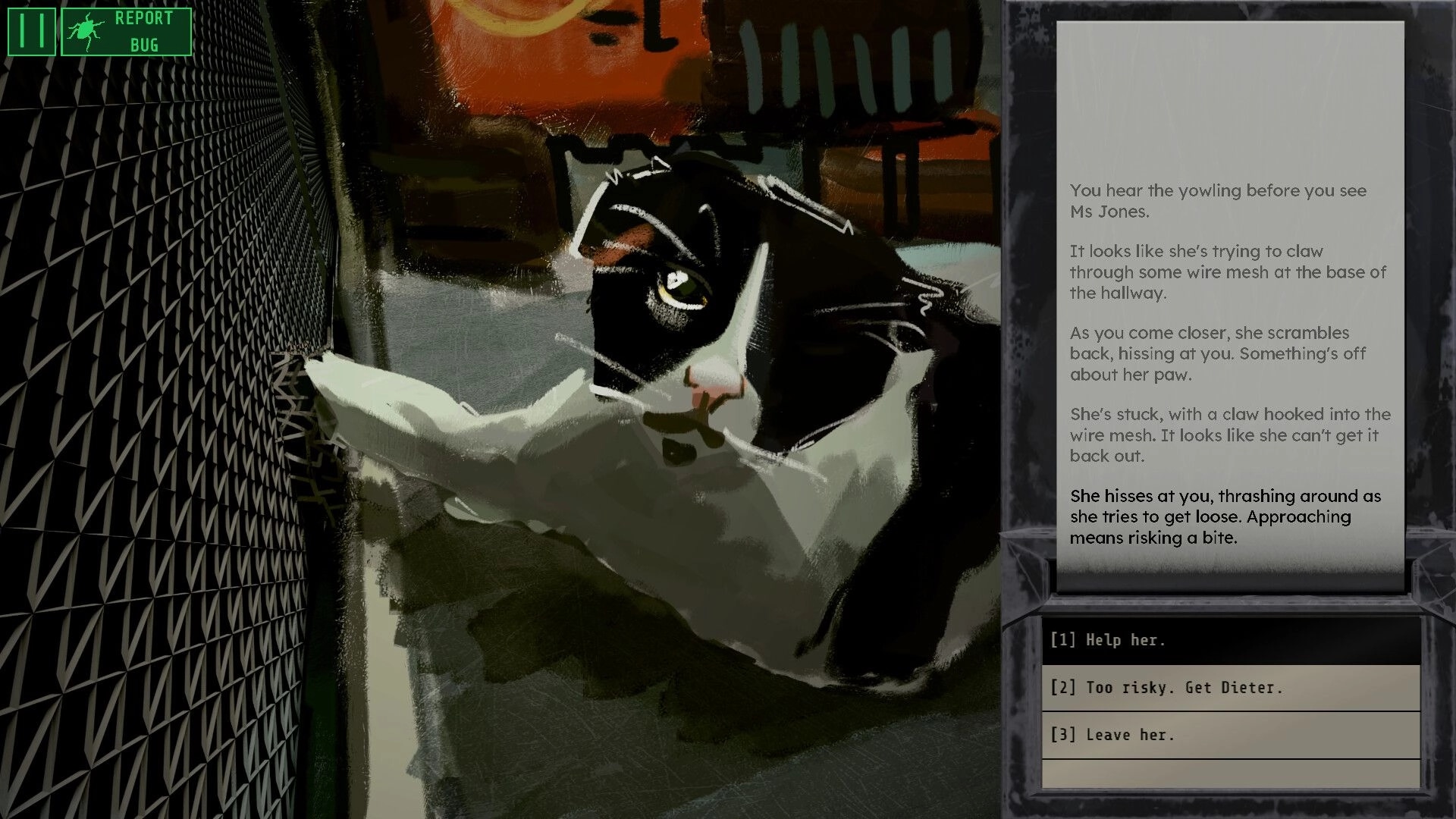 Contact Protocol: Cat with paw stuck in wire mesh as a choice dialog appears in a dim corridor.