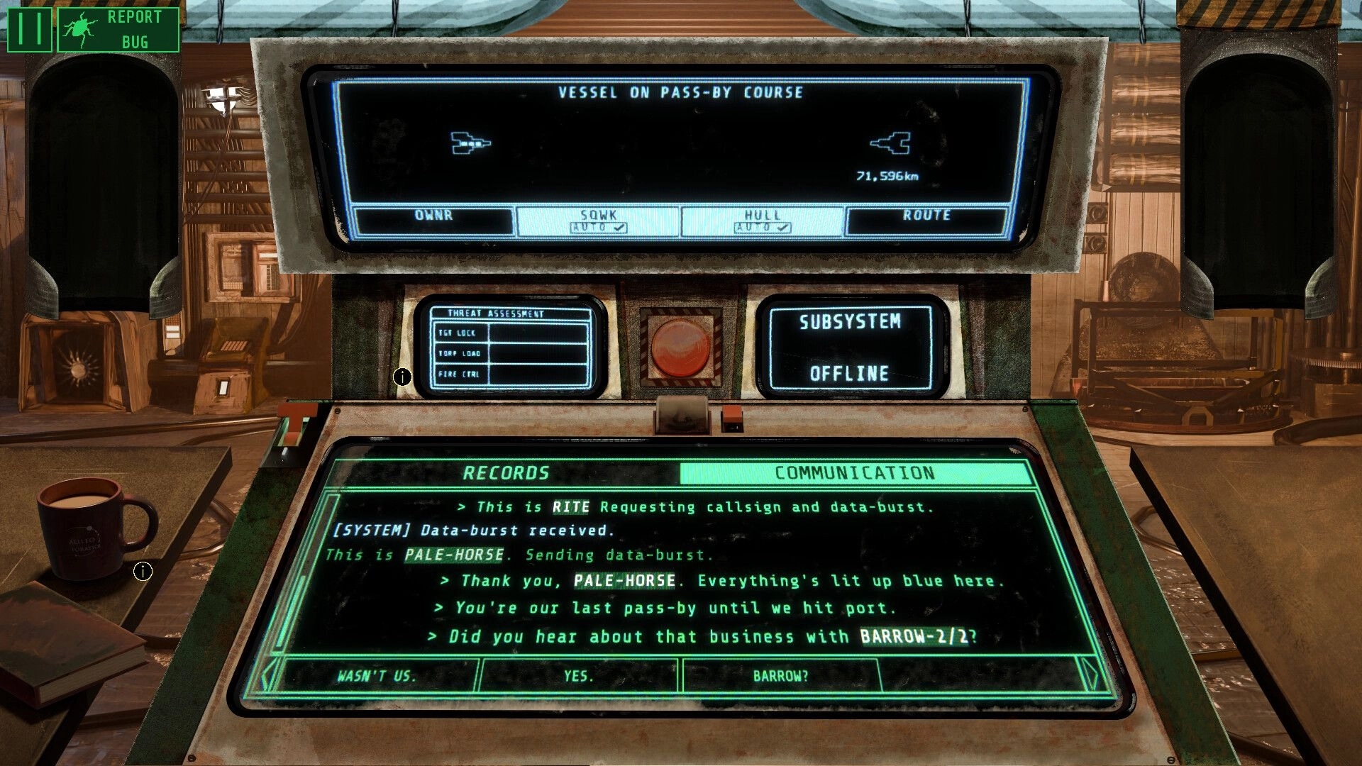 Contact Protocol: Comms terminal chat with PALE-HORSE and ship radar display in a bridge console station.