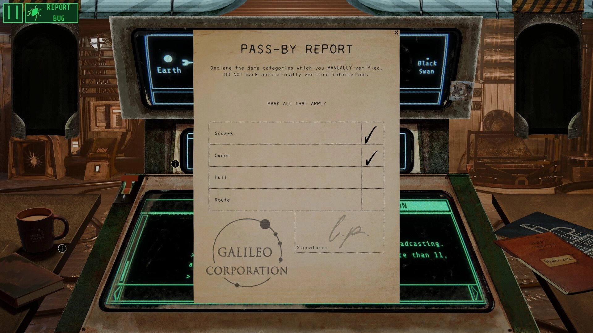 Contact Protocol: Pass-by report form with checkmarks over console screens in a dim ship office.