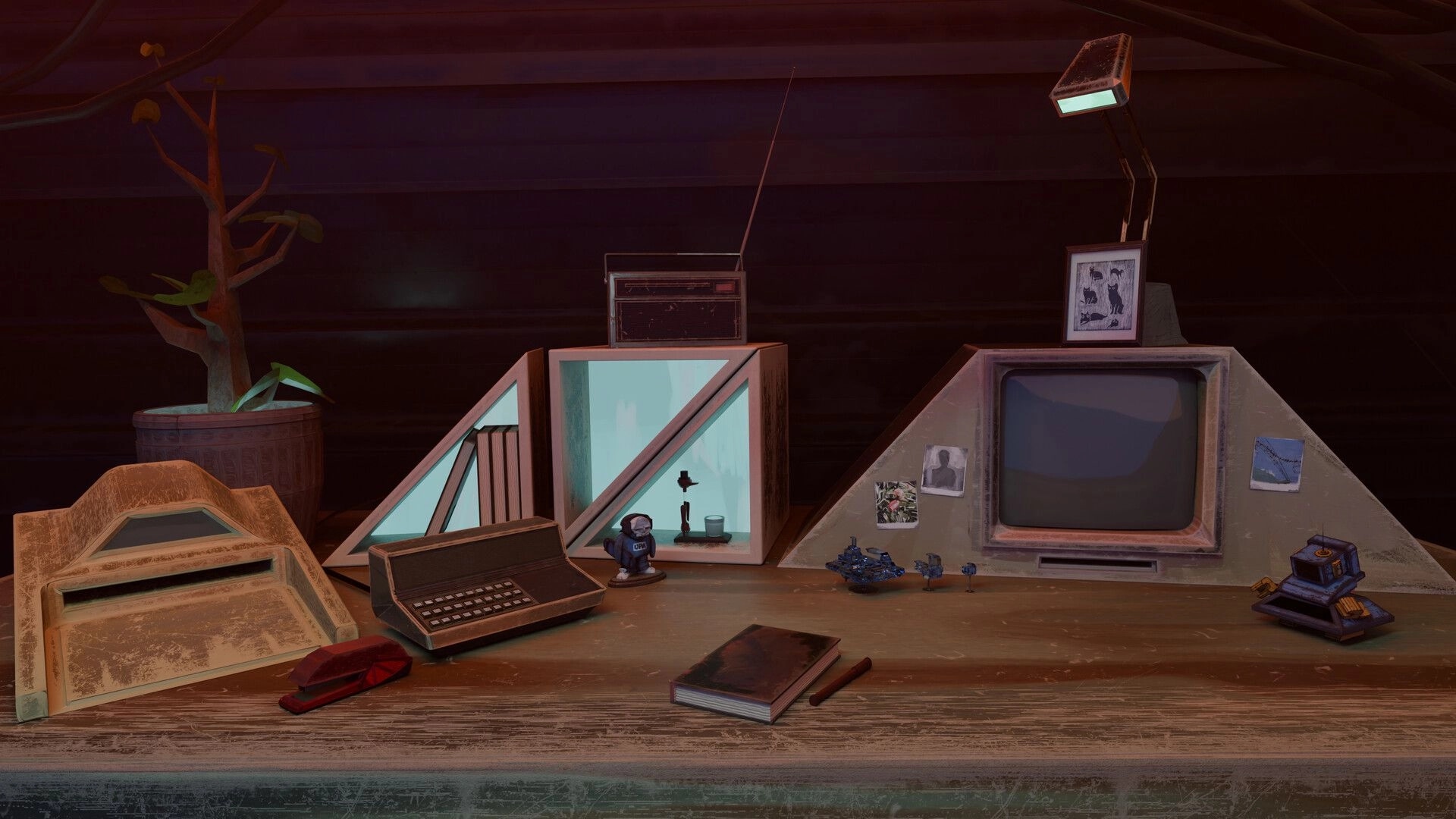 Contact Protocol: Desk cluttered with old terminal, TV monitor, and radio in a dim cabin office.