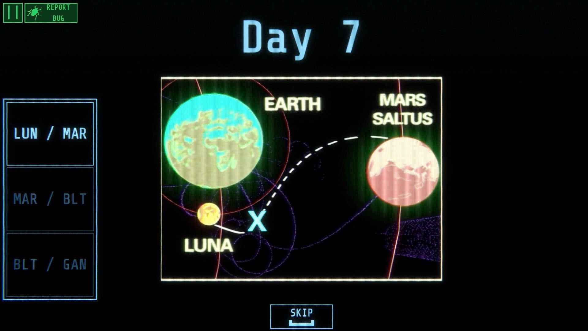 Contact Protocol: Day 7 star map UI plotting course from Earth and Luna to Mars Saltus in space.