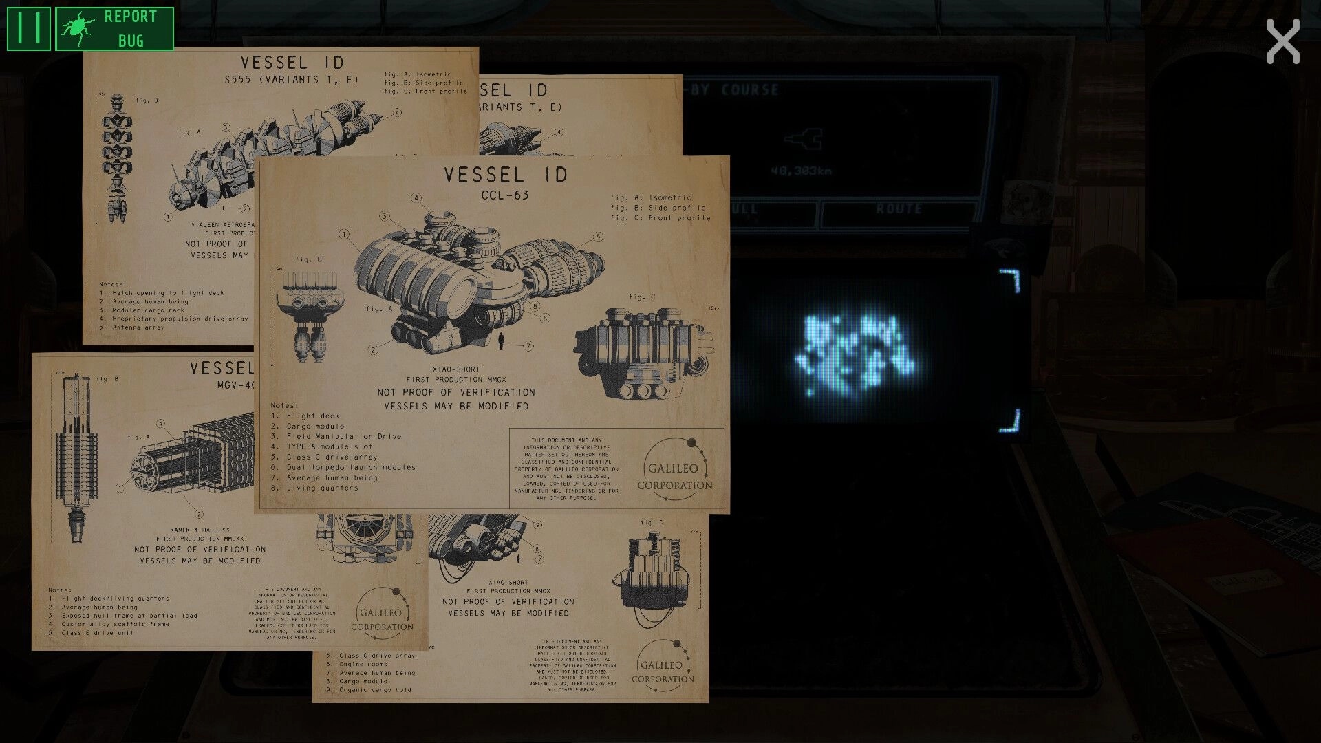 Contact Protocol: Vessel ID blueprint documents stacked over a dim ship console with scan display in back.