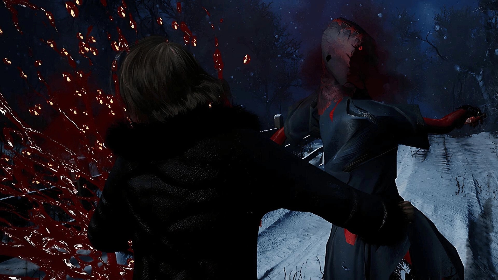 CONTAMINANT: Maria engaging in brutal combat with a monstrous figure in a snowy, dark forest setting.