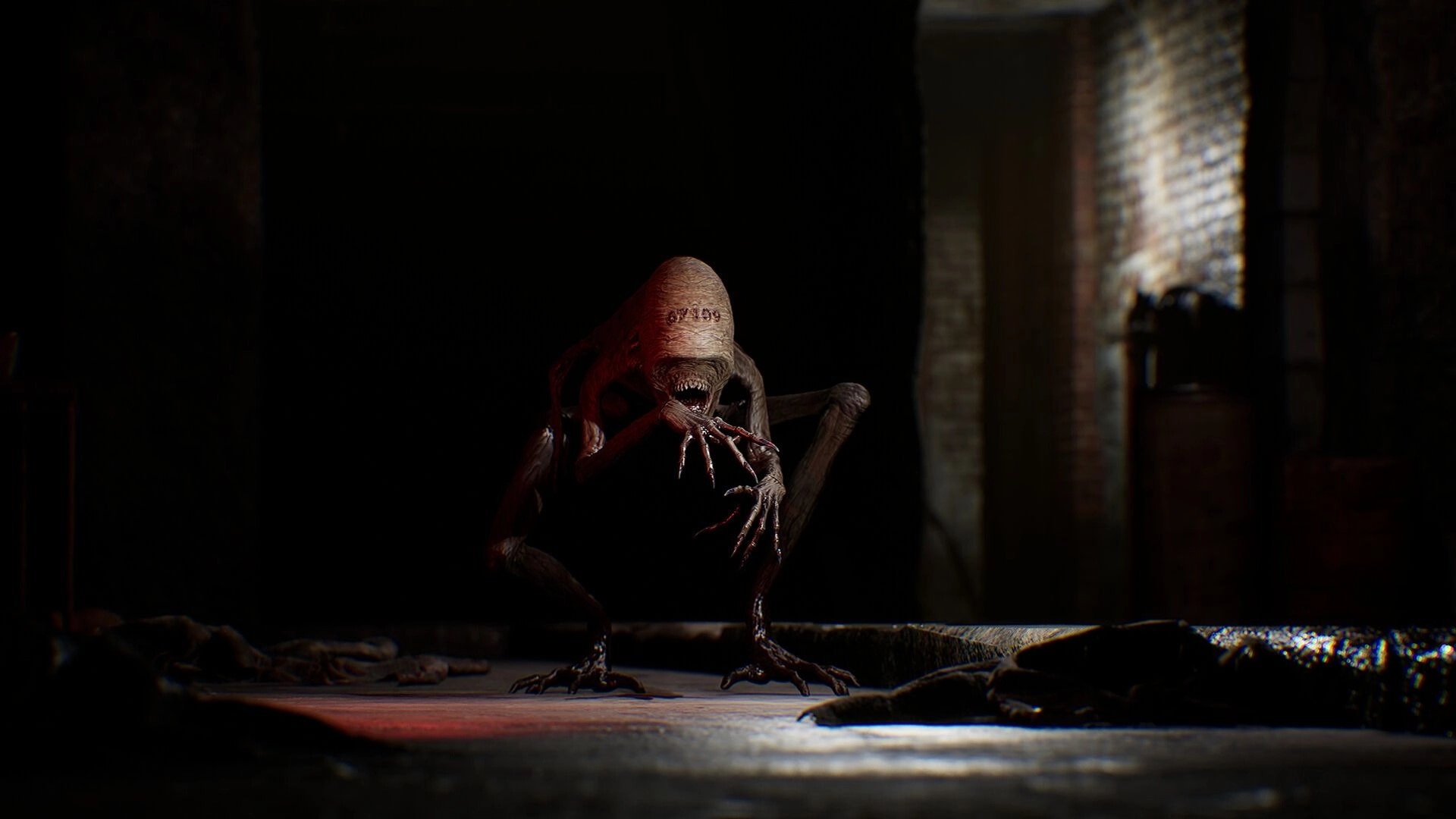 CONTAMINANT: Abomination crouching in dimly lit industrial corridor, surrounded by shadows and debris.