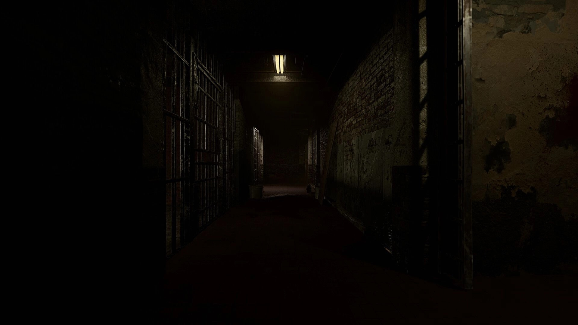 CONTAMINANT: Dimly lit, eerie corridor with metal bars and peeling walls in a grim factory setting.