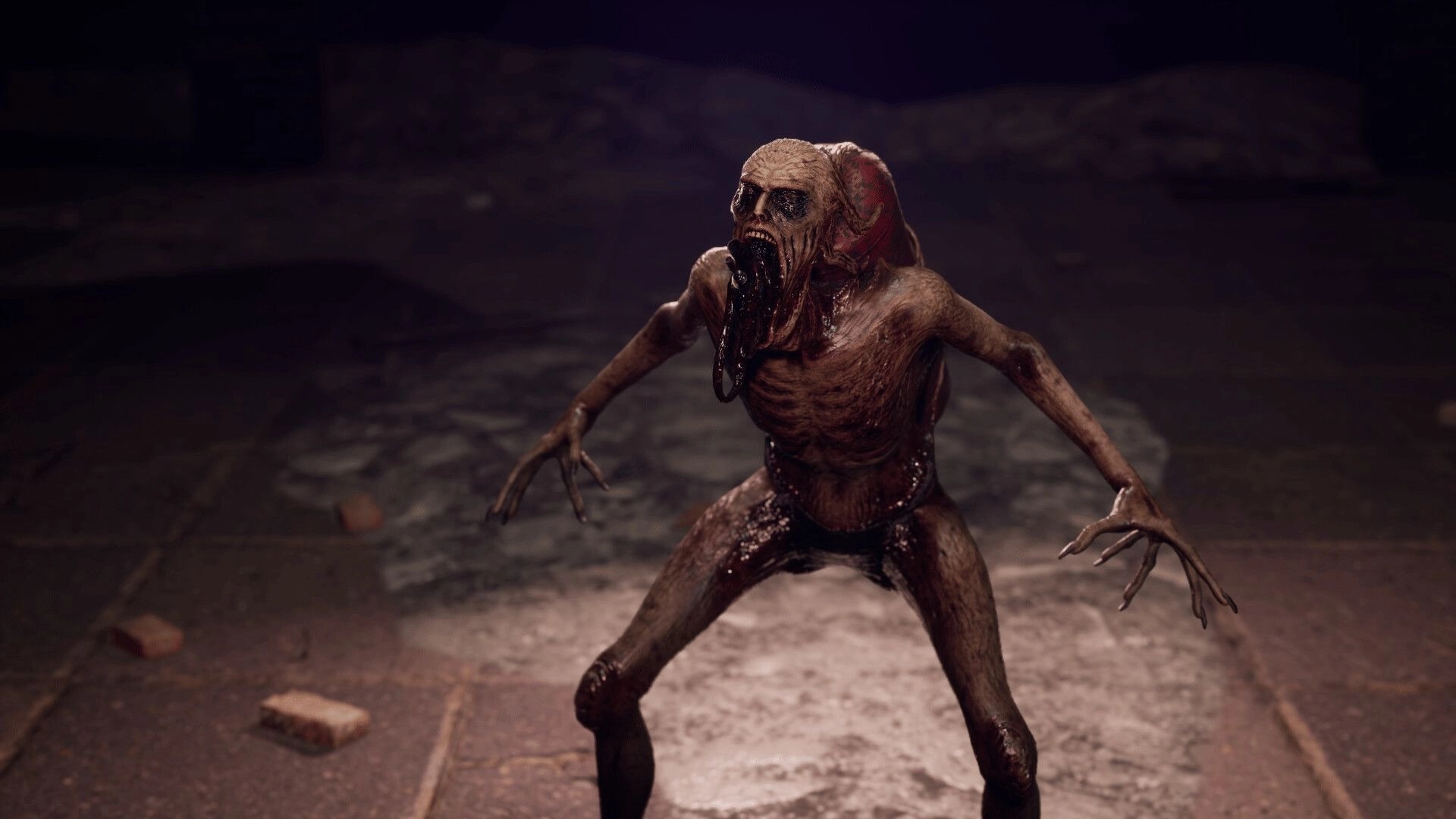 CONTAMINANT: Grotesque creature stands menacingly in dimly lit factory with scattered debris.
