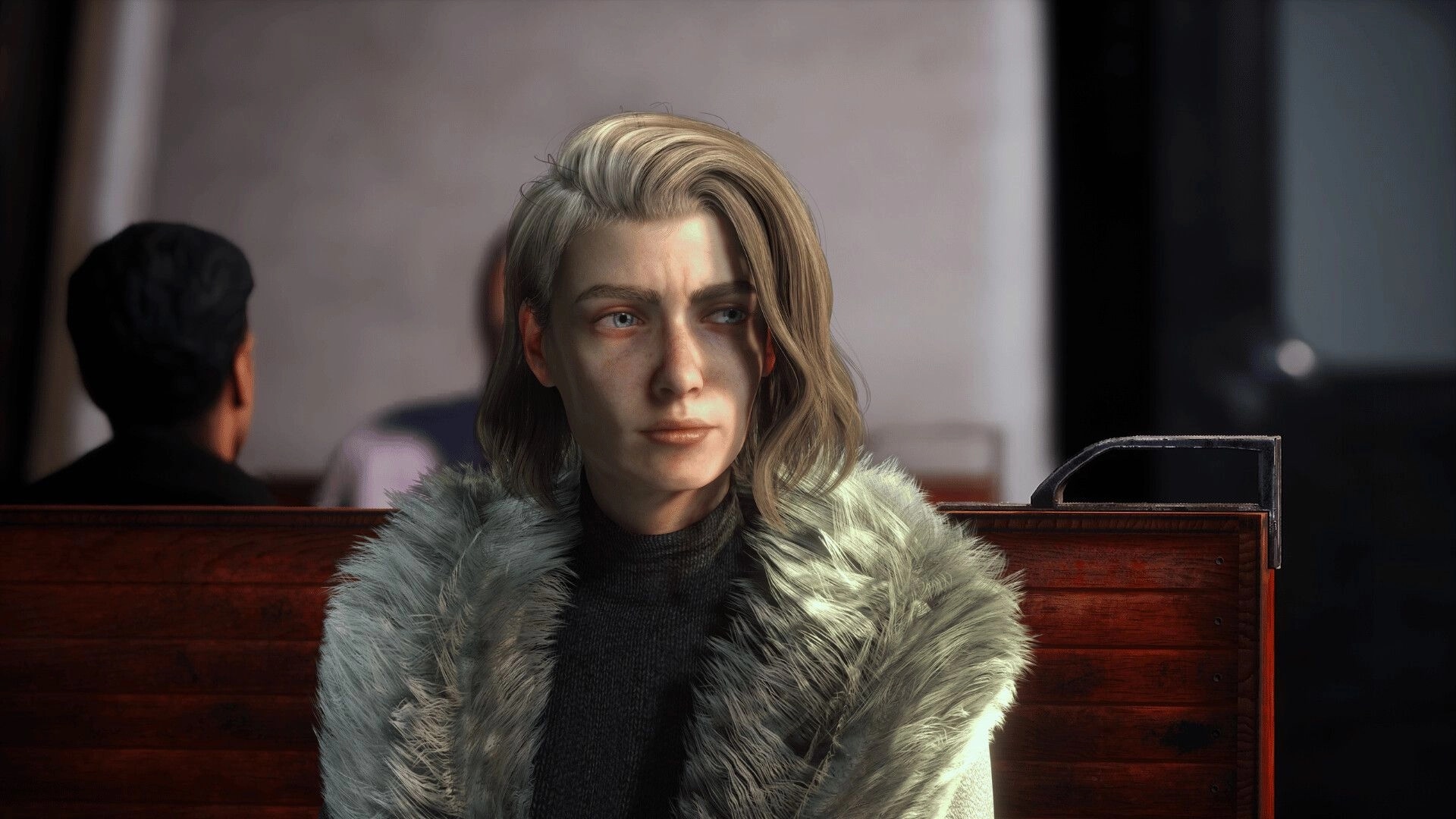 CONTAMINANT: Maria sits pensively on a wooden bench in a dimly lit, industrial interior setting.