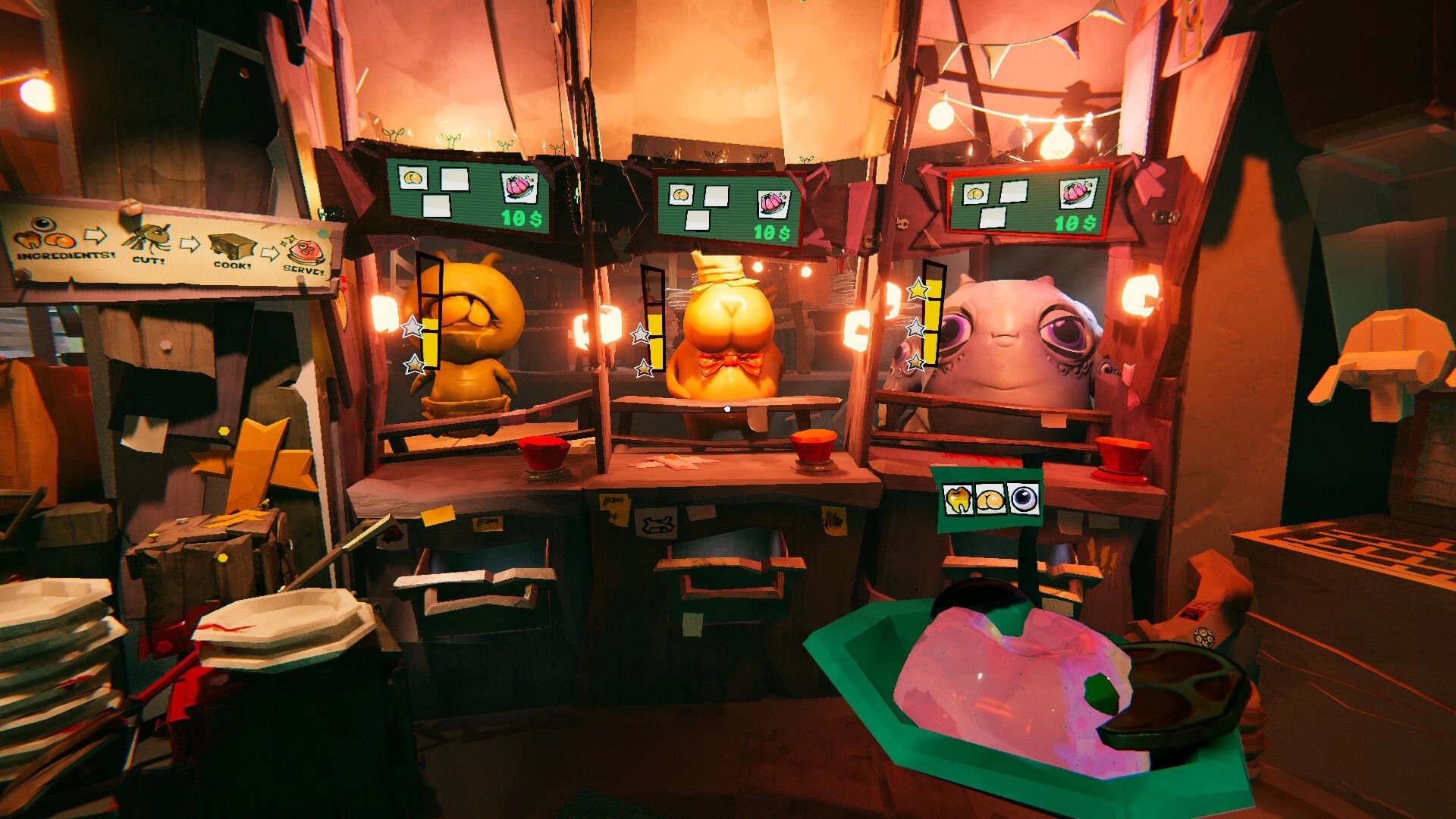 Cooking Carnage: Serving three alien customers at a market stall with order panels and $10 prices above.