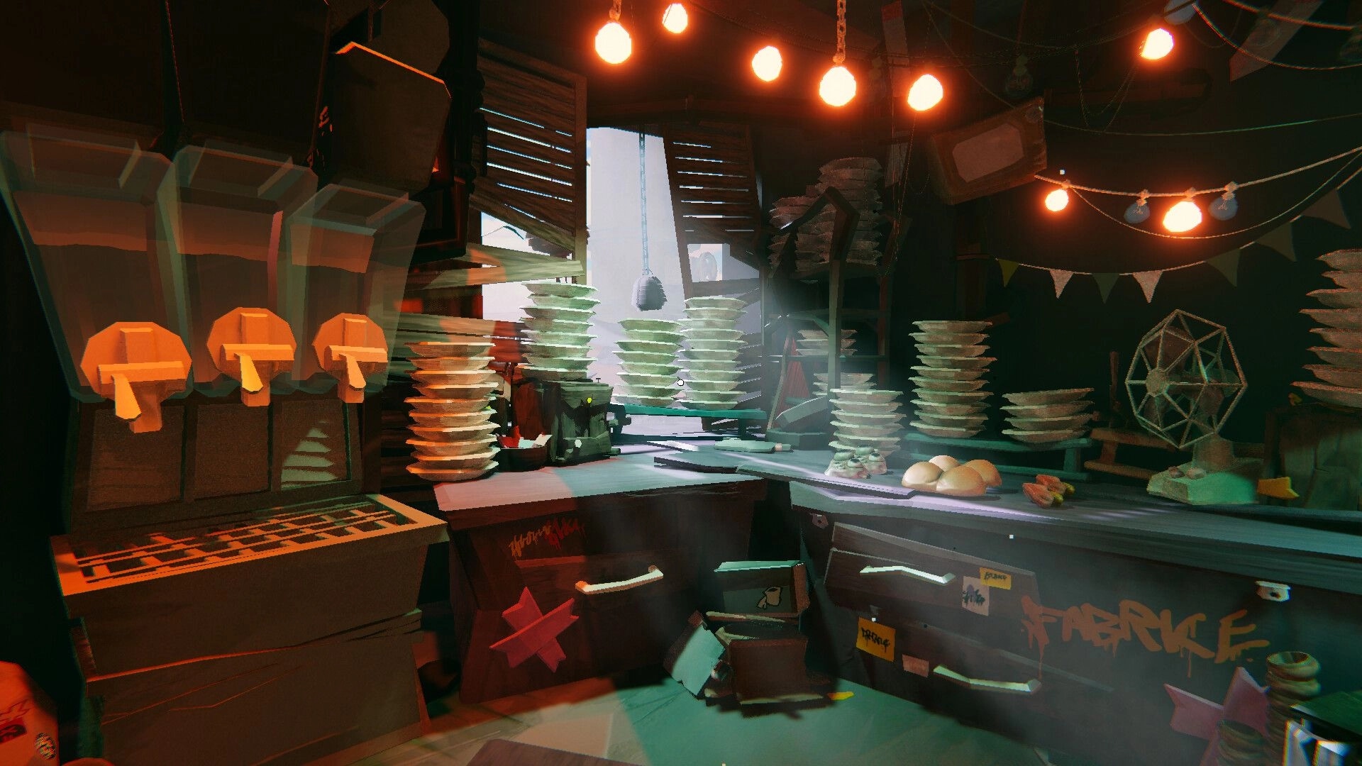 Cooking Carnage: Cluttered kitchen prep counter with stacks of plates, bread, and hanging lights inside shack.