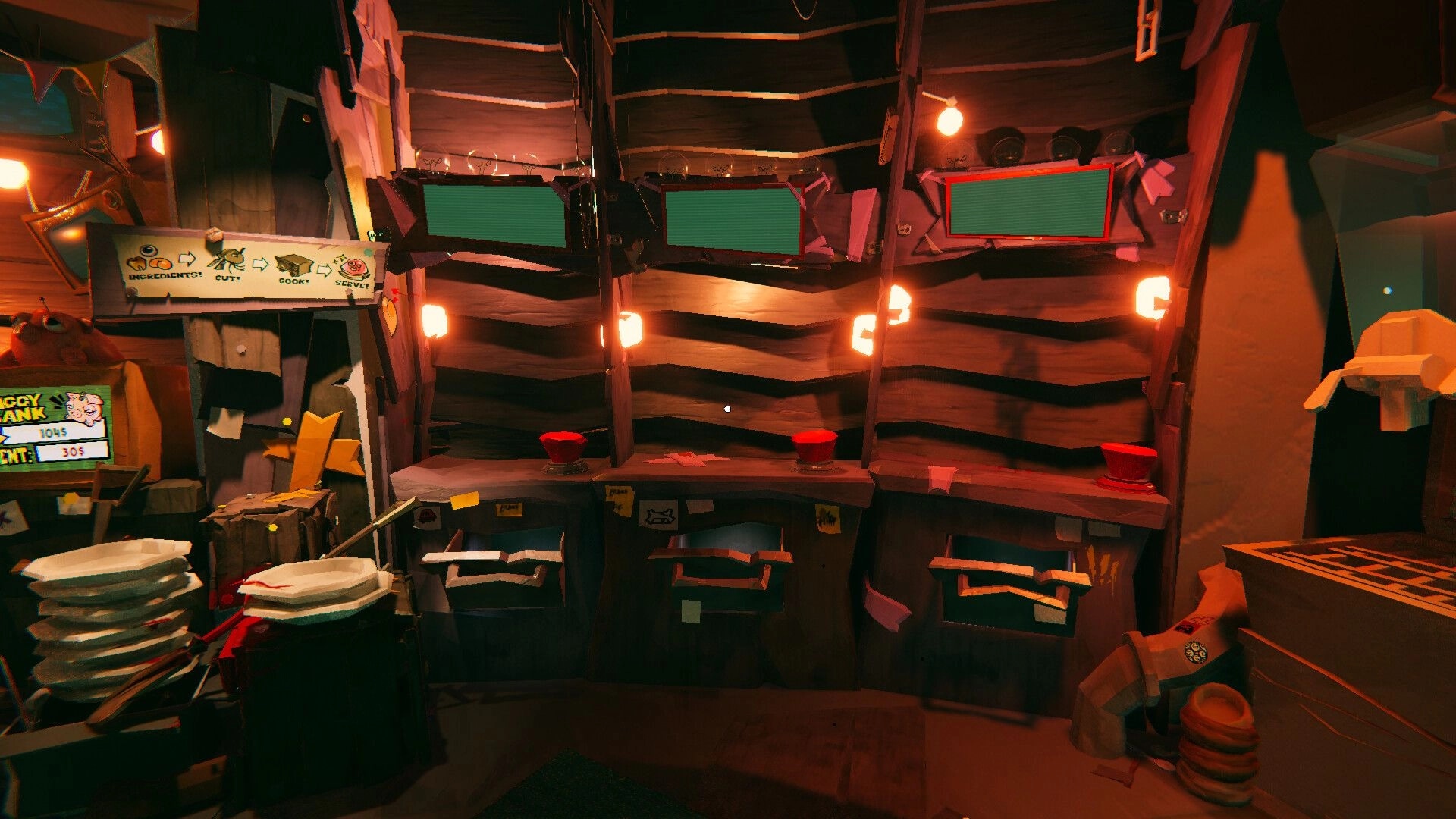 Cooking Carnage: Empty serving counter with three order screens and plates in a dim wooden diner kitchen.