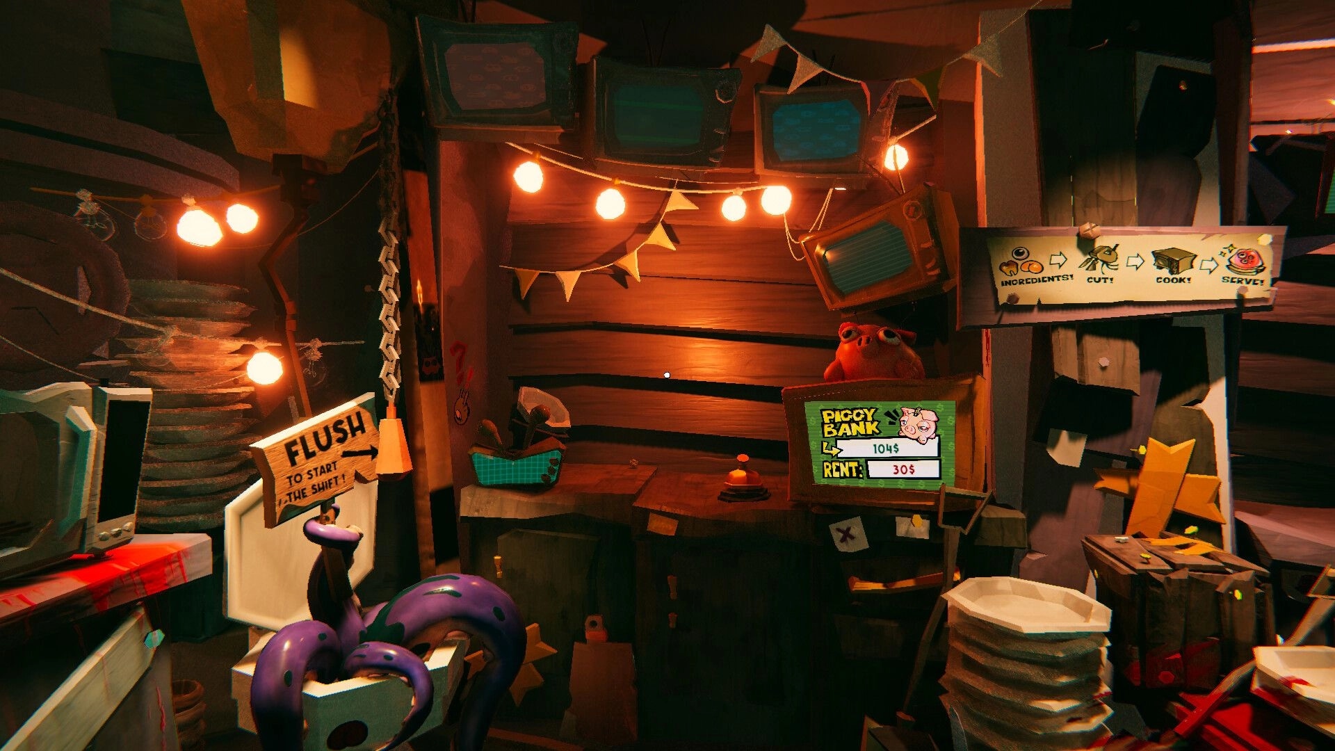 Cooking Carnage: Shift start hub with piggy bank rent UI and ingredient-cut-cook-serve sign in shack.