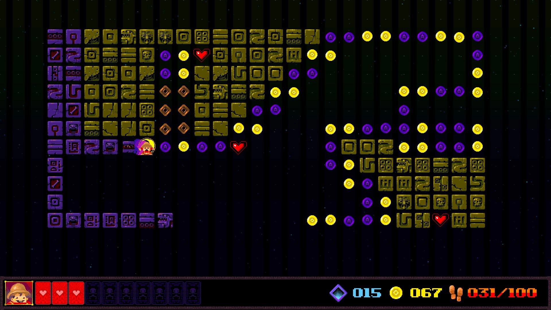 Cool Game Pack: Character navigates maze collecting coins and hearts in a colorful retro puzzle level
