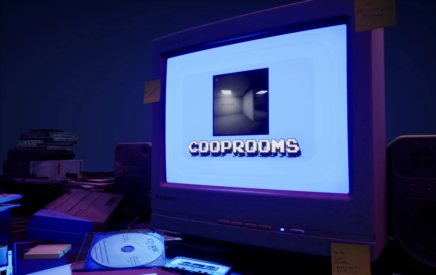 CoopRooms: Retro computer displaying game title screen with eerie room preview in dimly lit office