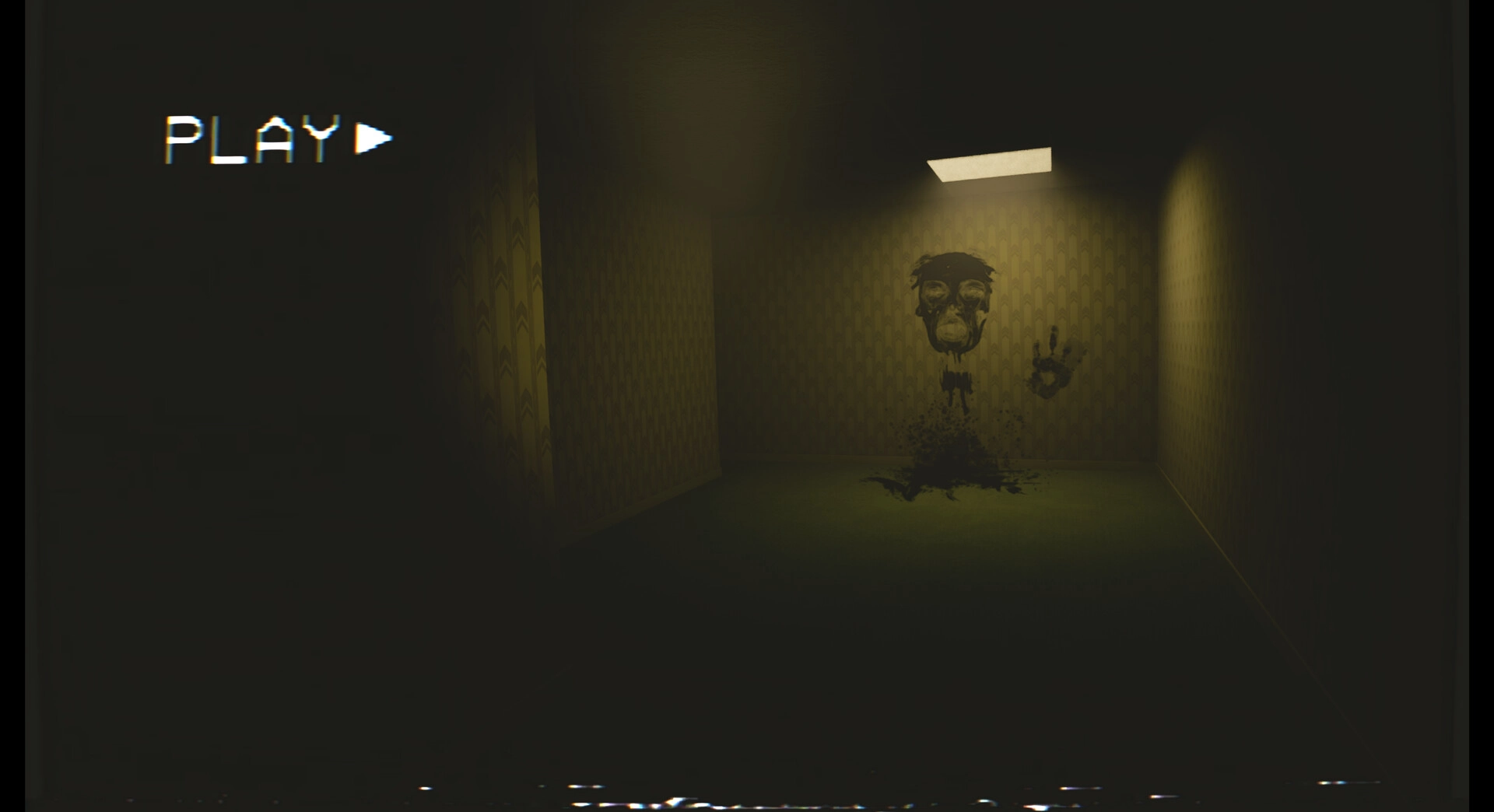 CoopRooms: Dimly lit hallway with eerie face graffiti and handprint on wall under flickering light