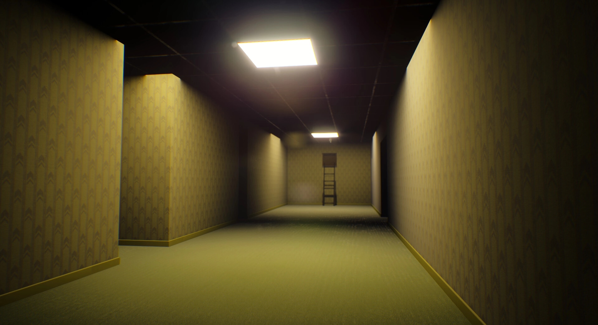 CoopRooms: Dimly lit endless corridor with patterned walls and a ladder leading to a dark ceiling hatch