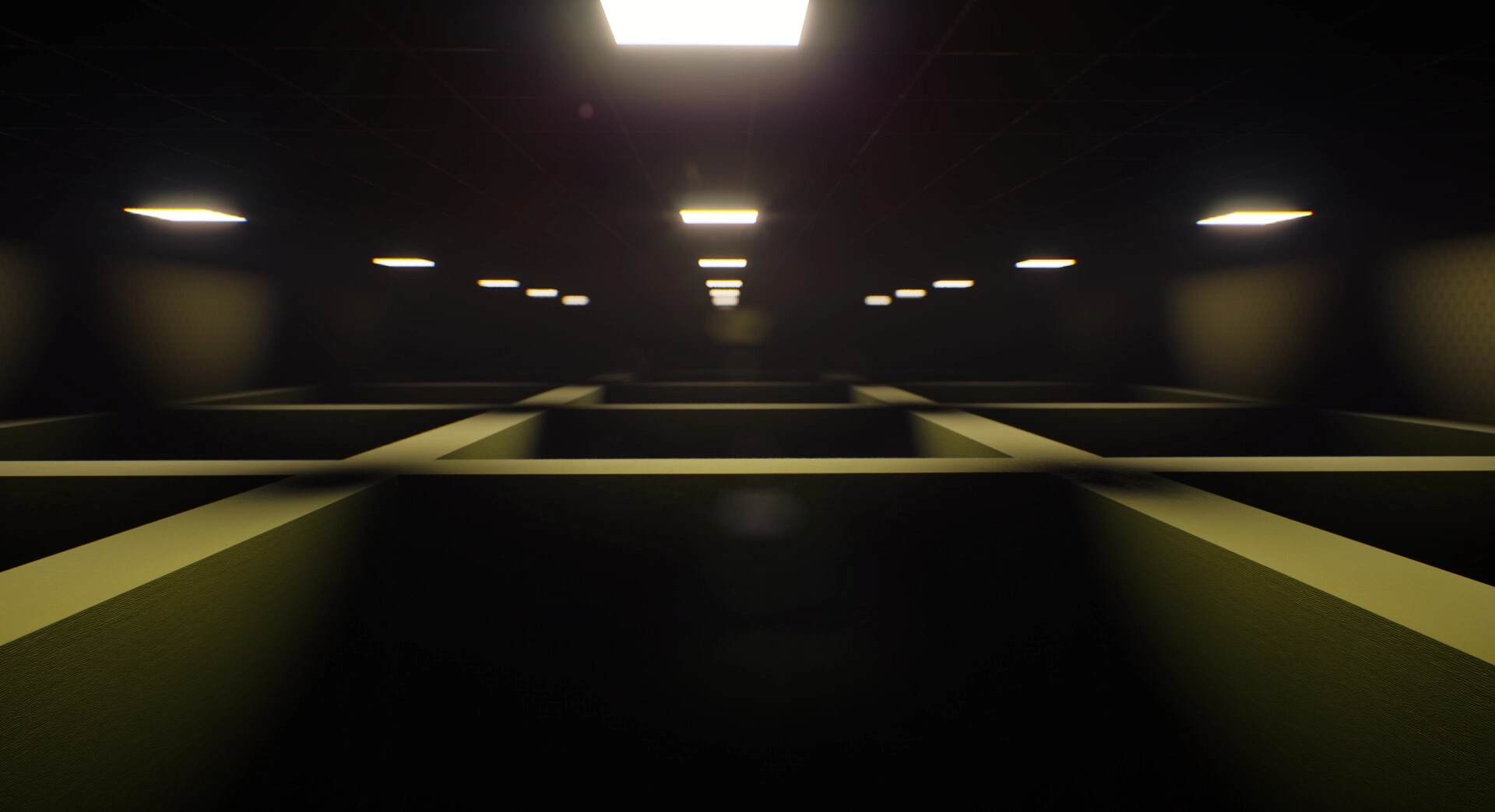 CoopRooms: Dimly lit maze-like corridors with overhead lights in a dark, eerie Backrooms environment.