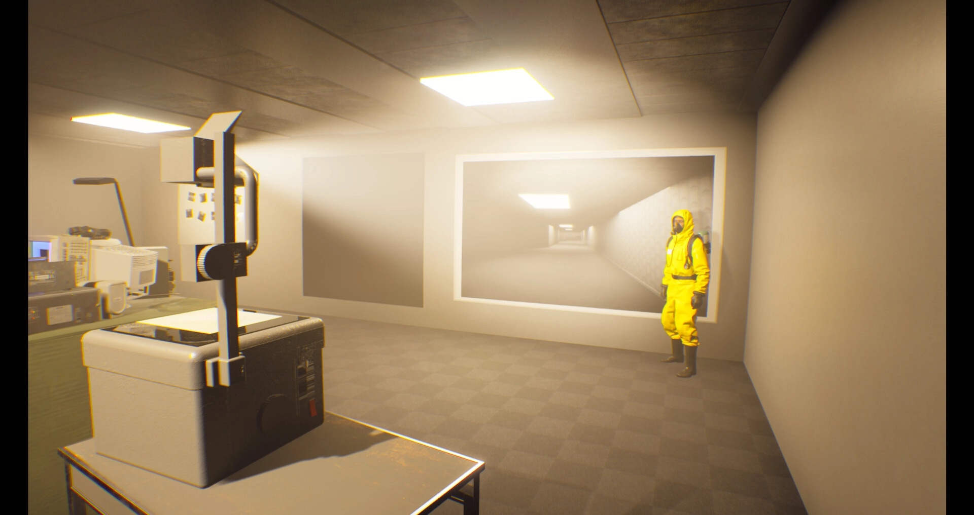 CoopRooms: Player in yellow hazmat suit stands beside projector in dimly lit Backrooms corridor
