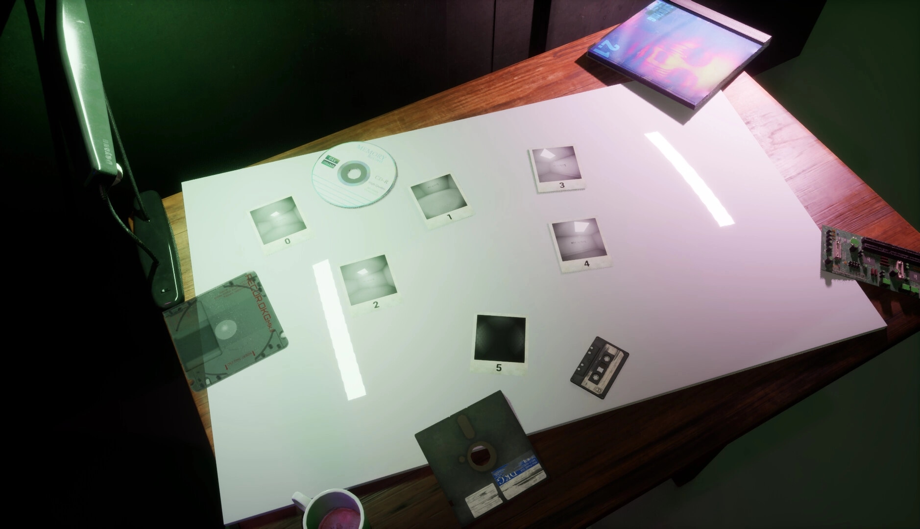 CoopRooms: Investigative desk with scattered photos, floppy disks, a cassette, and a glowing desk lamp