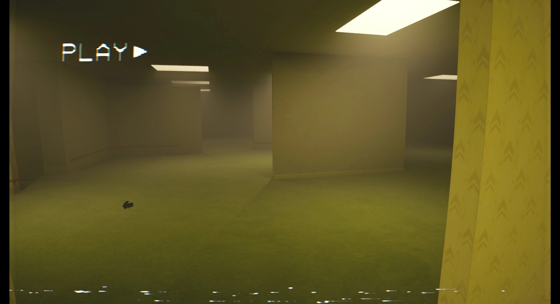 CoopRooms: Empty Backrooms hallway with dim lighting and VHS-style play indicator on screen