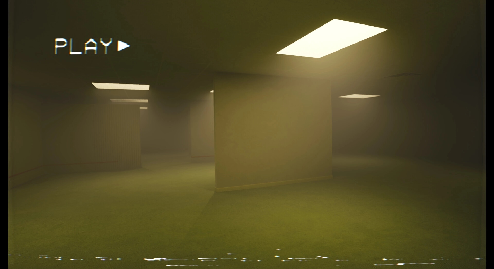 CoopRooms: Main menu with 'Play' option in dimly lit, endless yellow hallways of the Backrooms