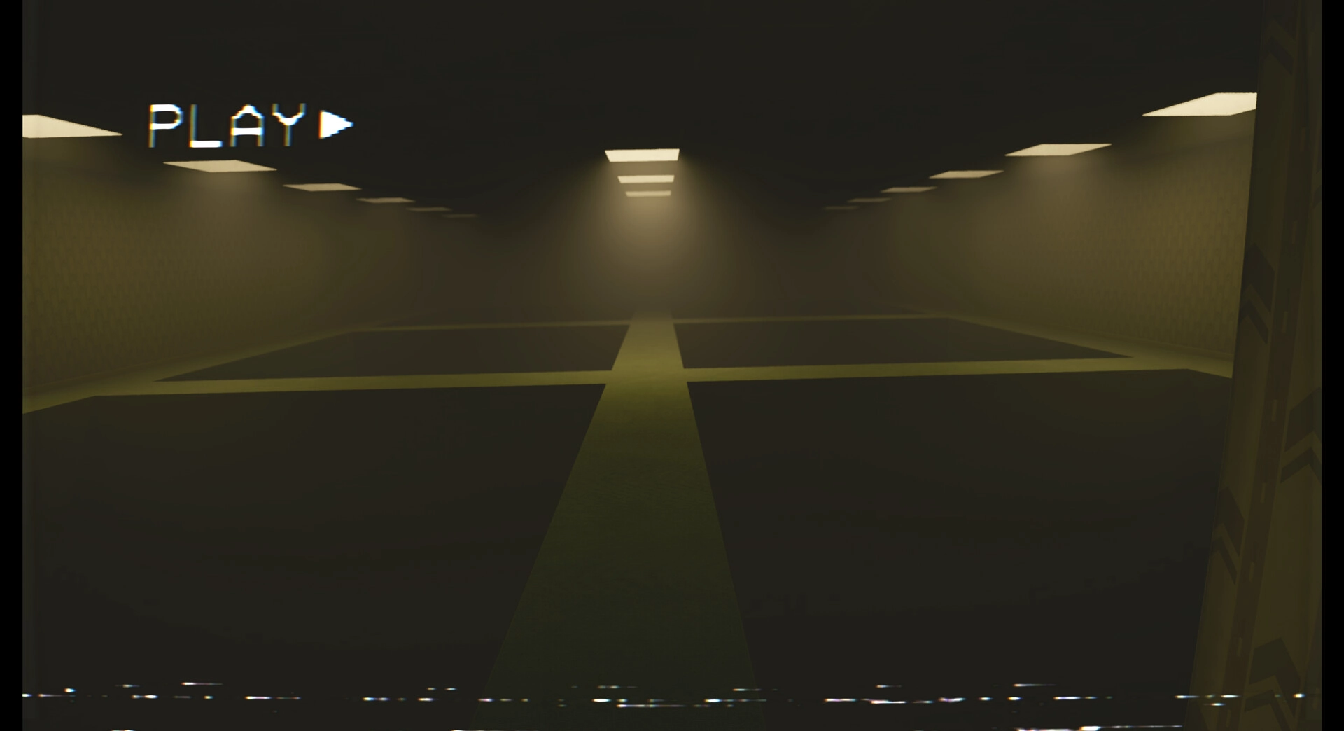 CoopRooms: Main menu with "Play" text in dimly lit Backrooms corridor setting