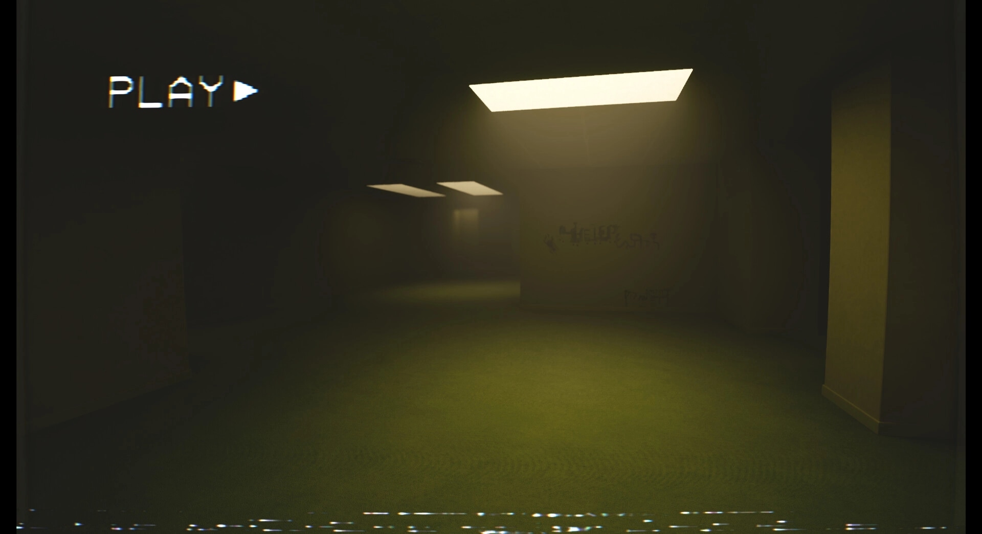 CoopRooms: Dimly lit hallway with "PLAY" text overlay, eerie atmosphere in endless Backrooms setting