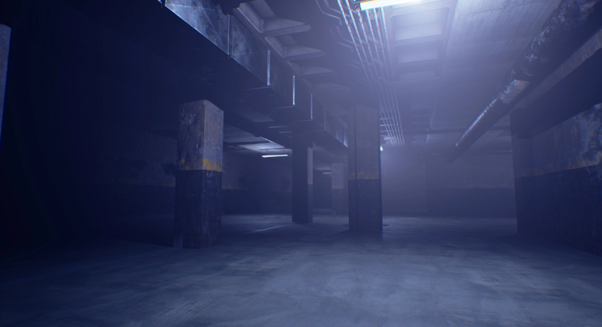 CoopRooms: Dimly lit corridor with concrete pillars and exposed pipes in the eerie Backrooms environment