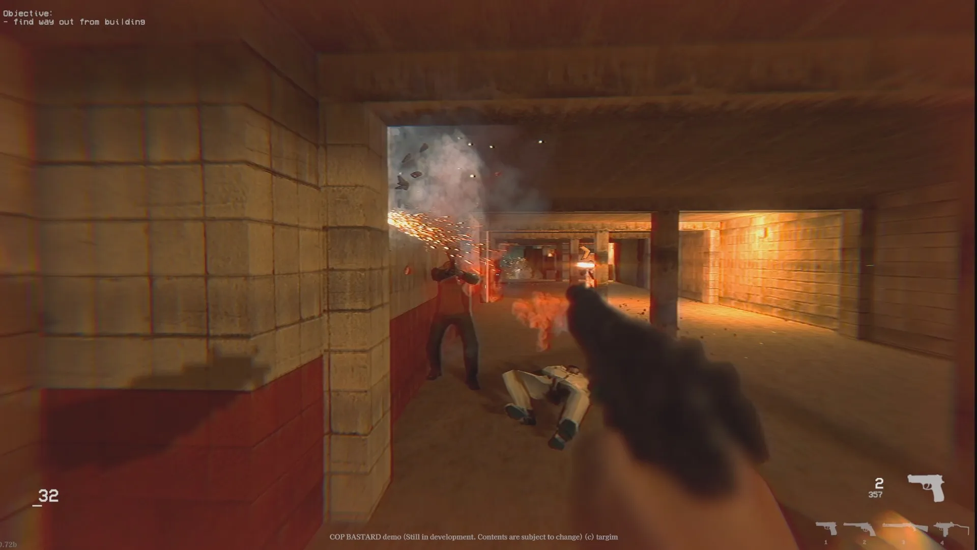 COP BASTARD: Player shoots at enemy in dimly lit corridor, objective to find exit is displayed onscreen.