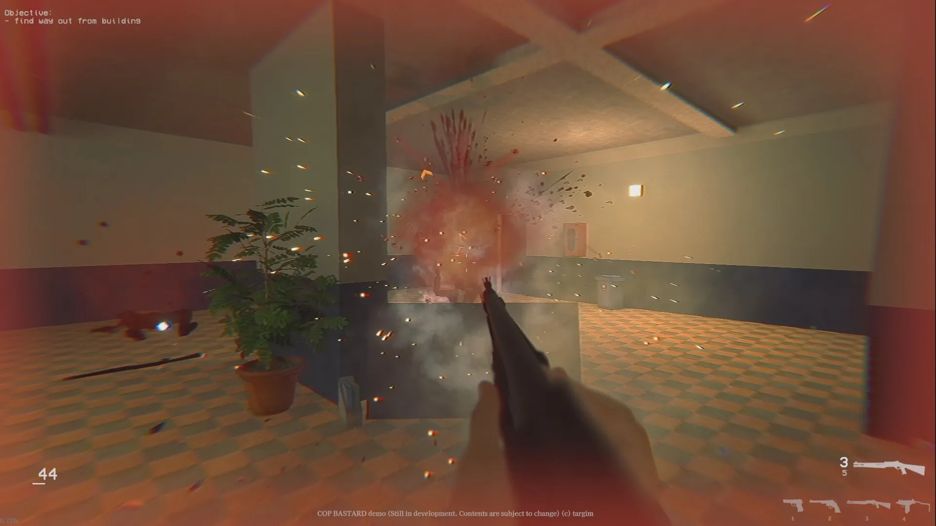 COP BASTARD: Player firing rifle in dimly lit hallway with objective to find way out from building