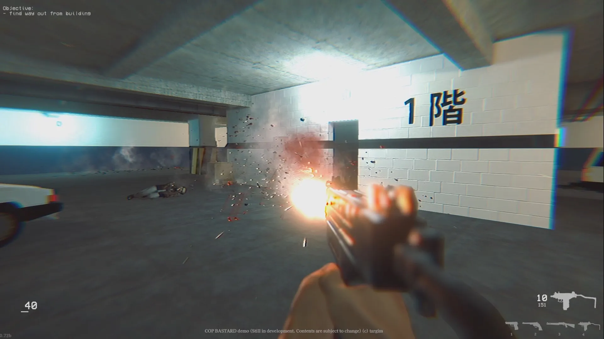 COP BASTARD: First-person shooting in dimly lit parking garage with objective and ammo UI displayed