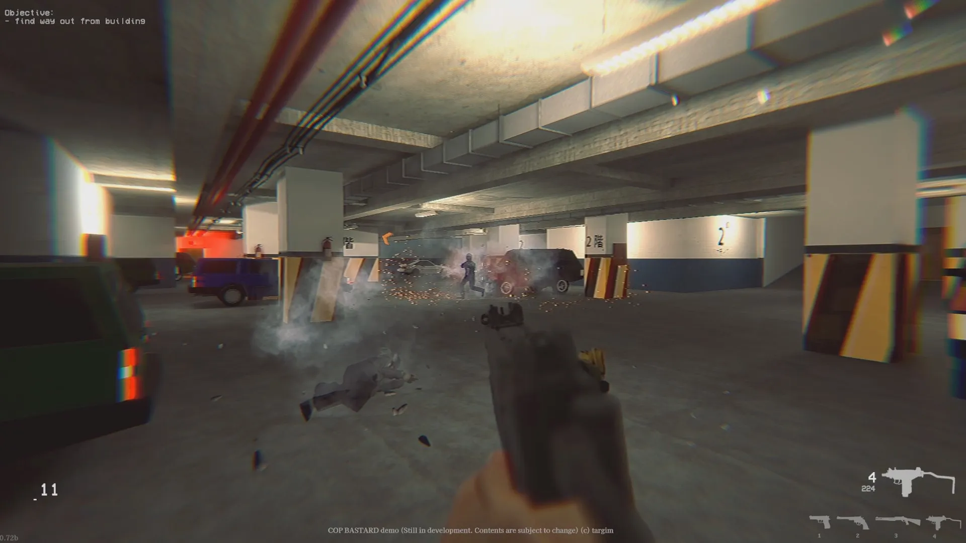 COP BASTARD: Player firing in an underground parking garage with cars and debris scattered around