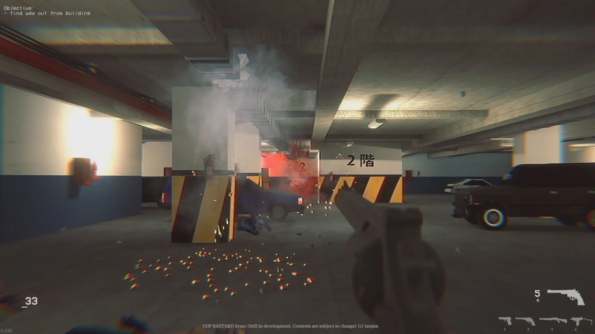 COP BASTARD: First-person gunfire in a dim parking garage with cars, debris, and smoke effects visible.
