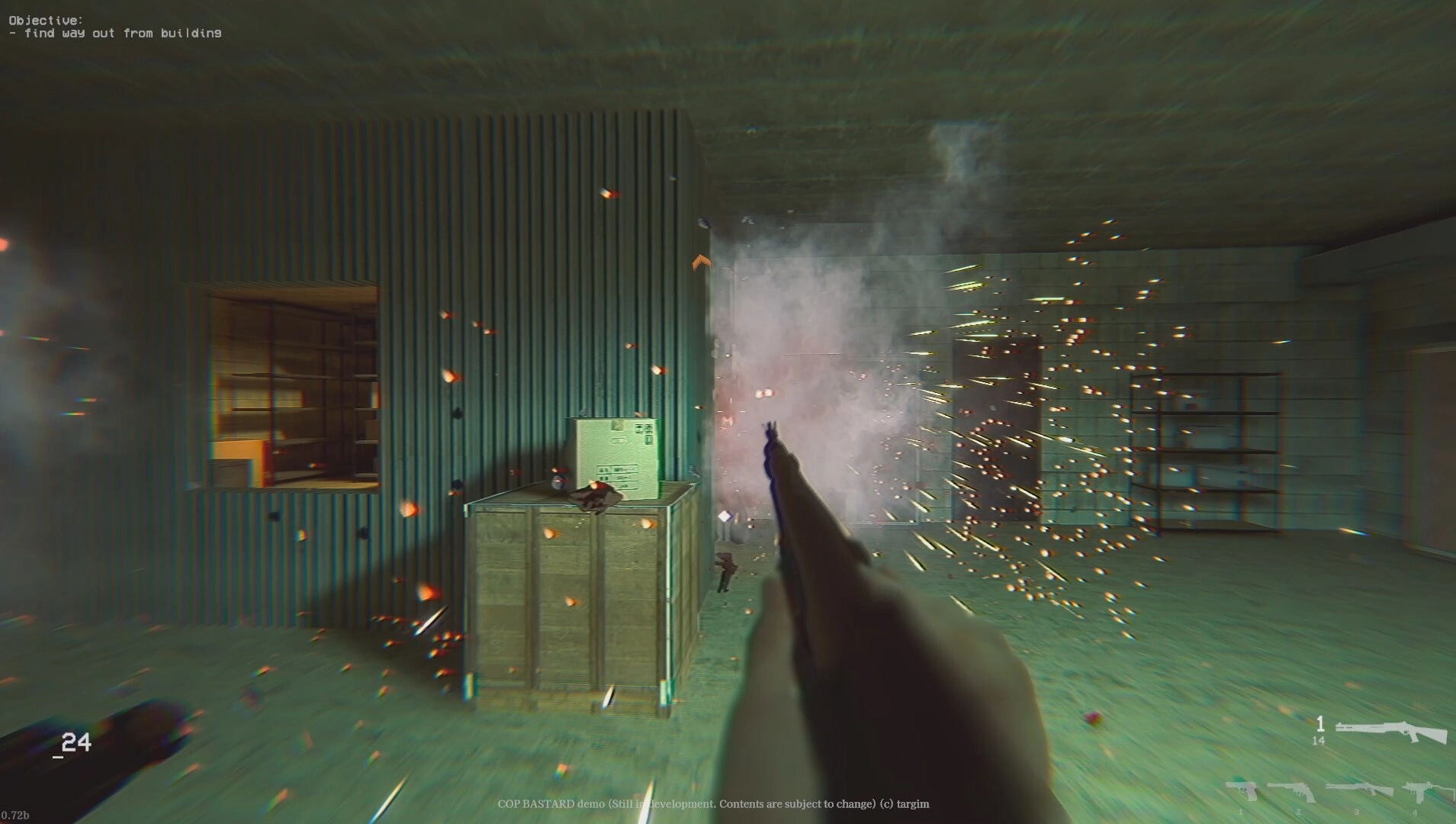COP BASTARD: First-person gunfire in industrial room with objective to find way out from building