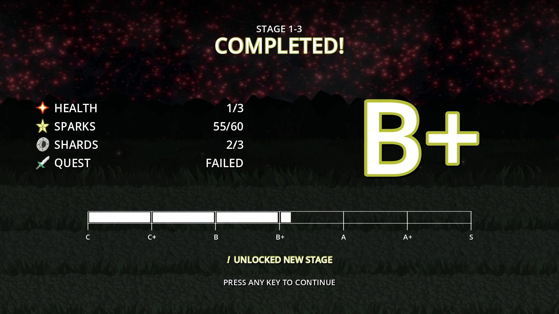 CorAstral: Stage 1-3 completion screen showing B+ rank, health, sparks, shards, and quest status