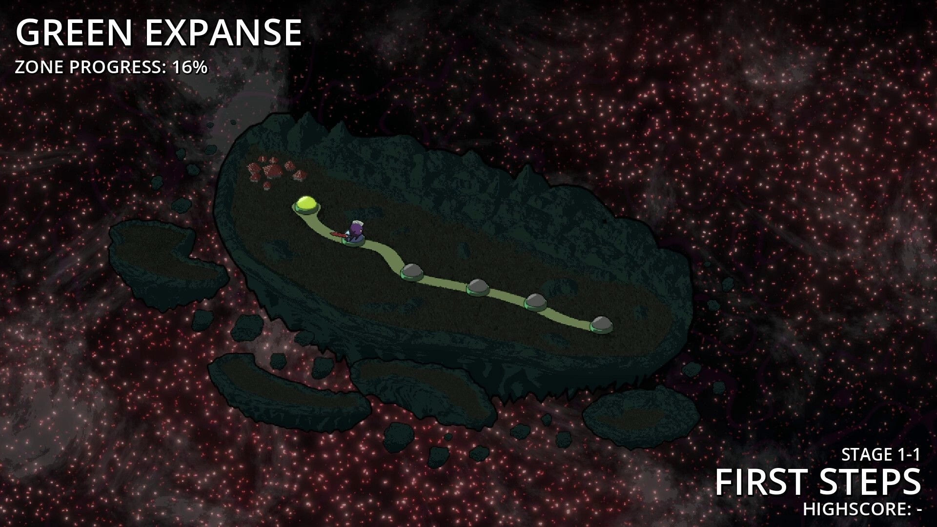 CorAstral: Character traversing cosmic map path in the Green Expanse with stage details displayed